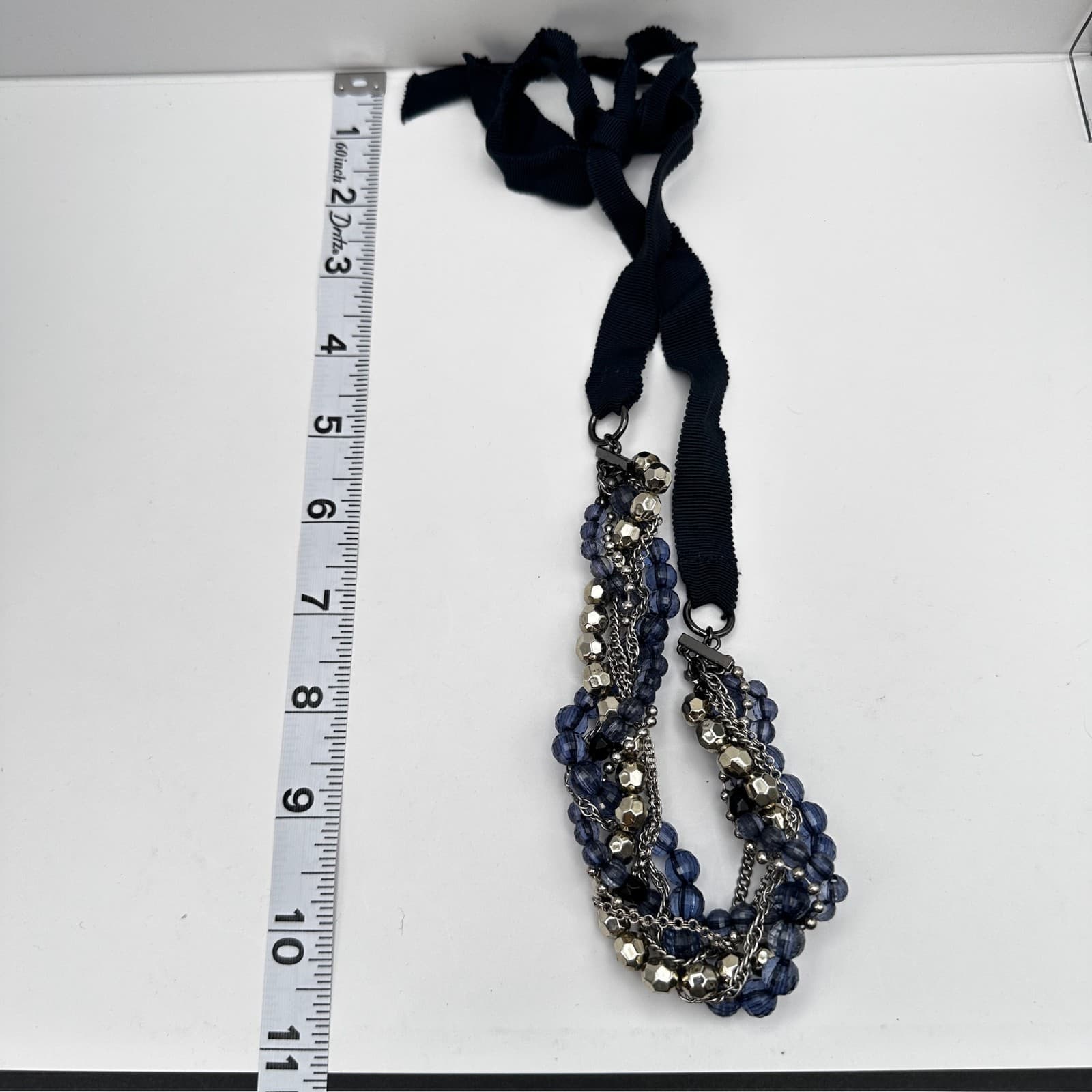 Vintage 90s Multi Strand Blue Beaded Ribbon Statement Necklace Women's Jewelry - Thumbnail 13