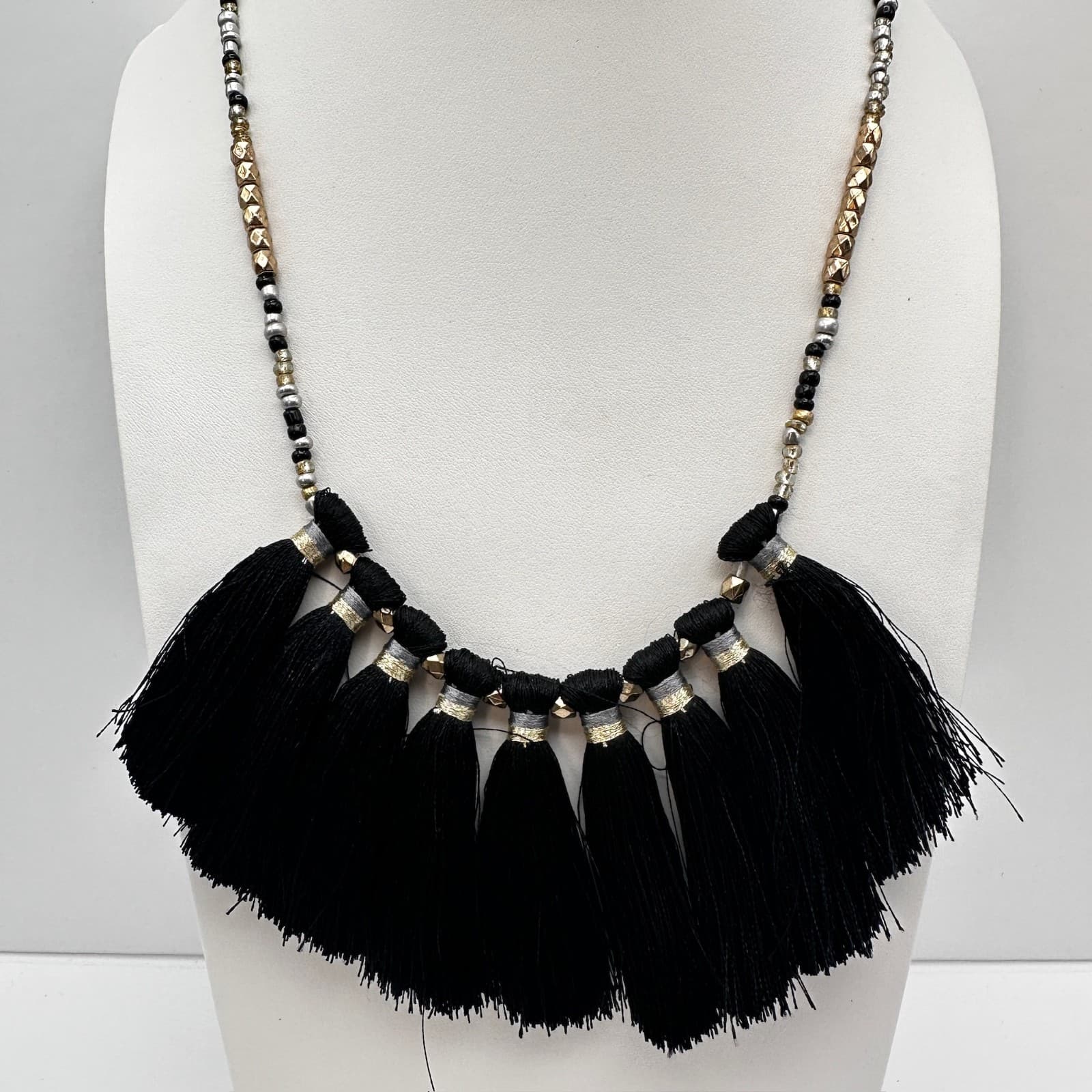 Vintage 90s Boho Black Tassel Statement Necklace Gold & Silver Tone Beaded Bib - Image 1