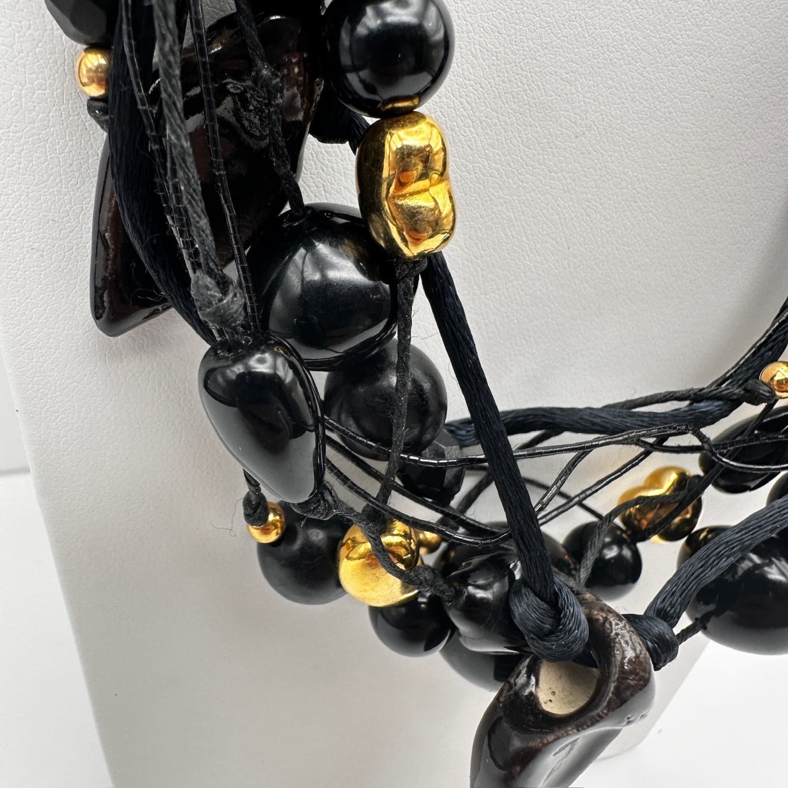 Vintage 90s Black Multi Strand Cluster Necklace Gold Tone Women's Jewelry - Thumbnail 4