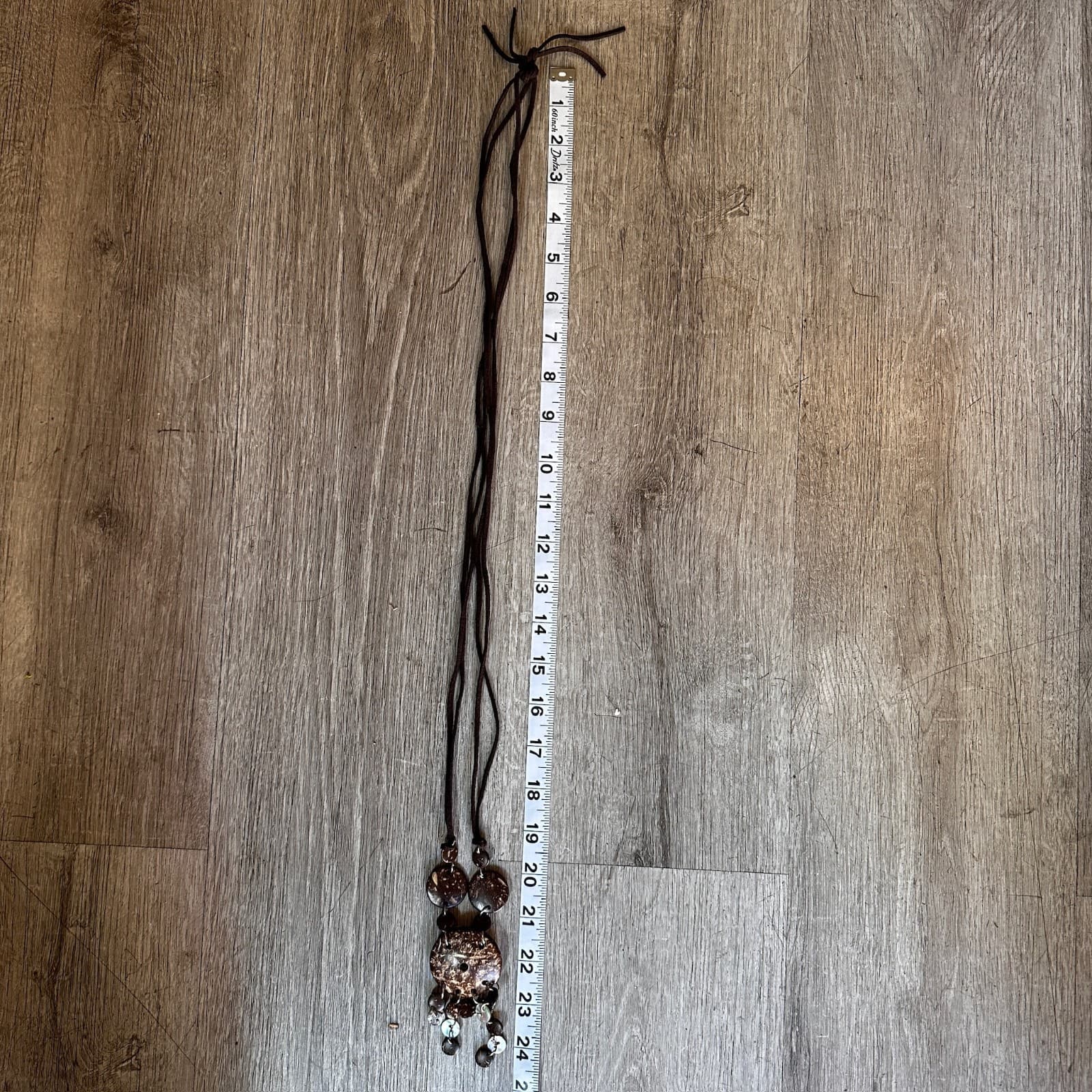 Vintage 90s Coconut Shell Mother Of Pearl Necklace Brown Suede Cord Bib Women's - Thumbnail 11