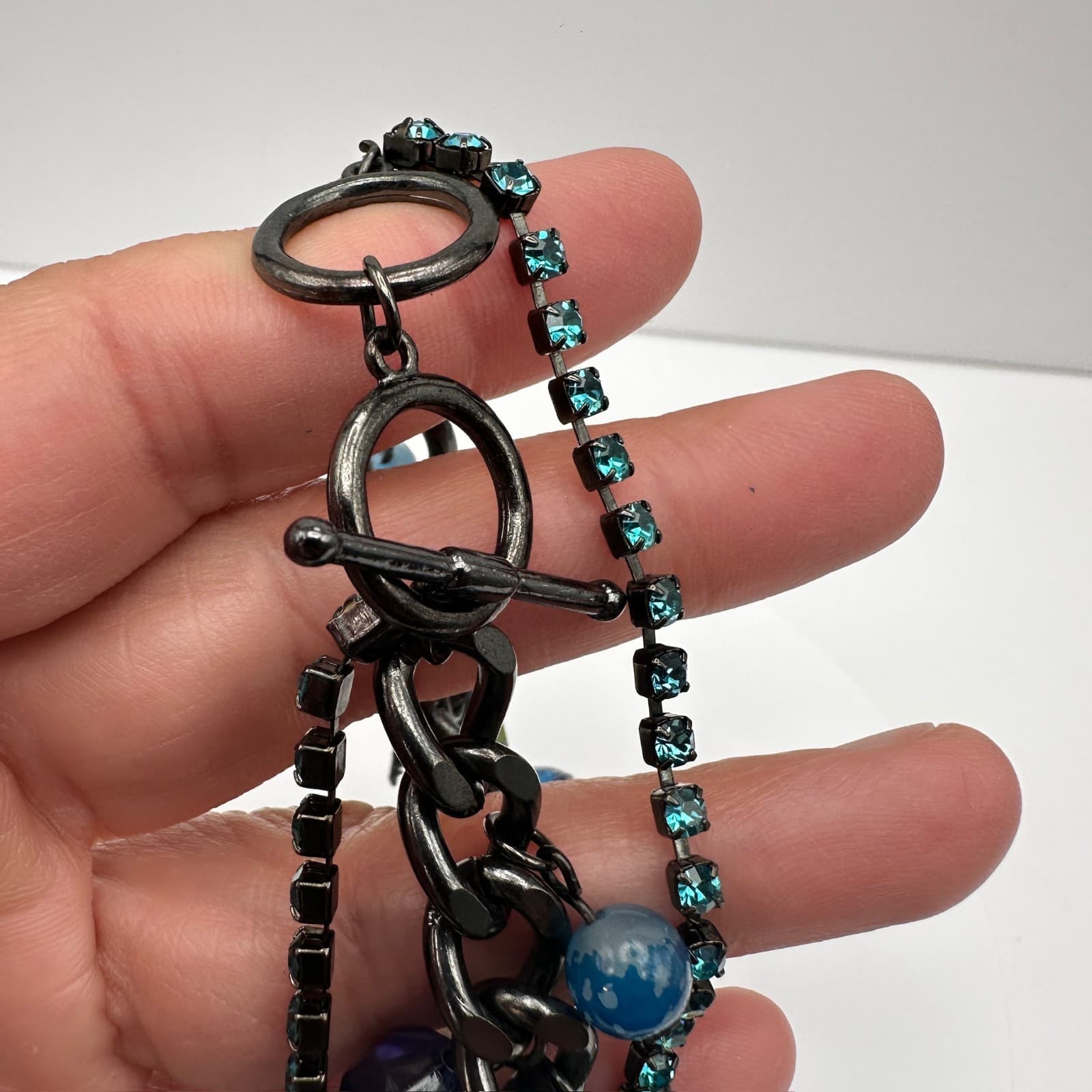 Vintage 90s Blue Crystal Charm Bracelet Silver Tone Mixed Bead Women's Jewelry - Thumbnail 15