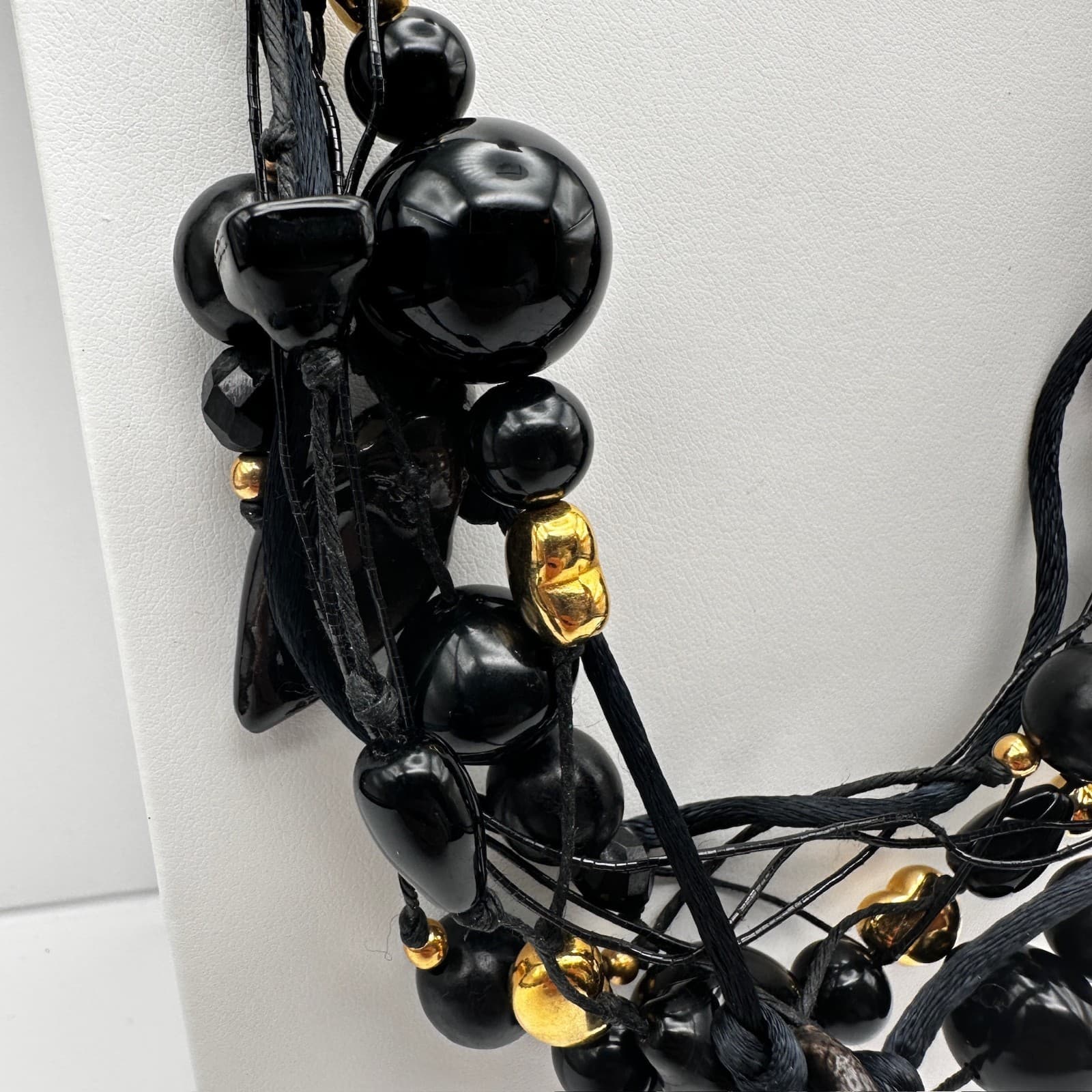 Vintage 90s Black Multi Strand Cluster Necklace Gold Tone Women's Jewelry - Thumbnail 3