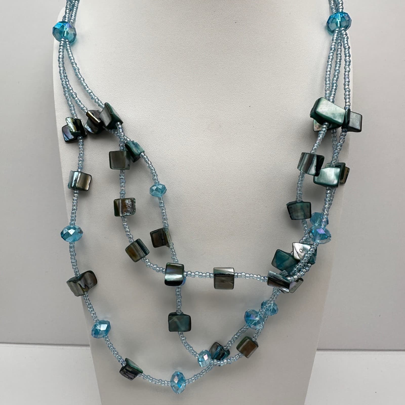 VTG 90s Teal Multi-Strand Shell Necklace Layered Bead Silver Tone Jewelry - Thumbnail 6