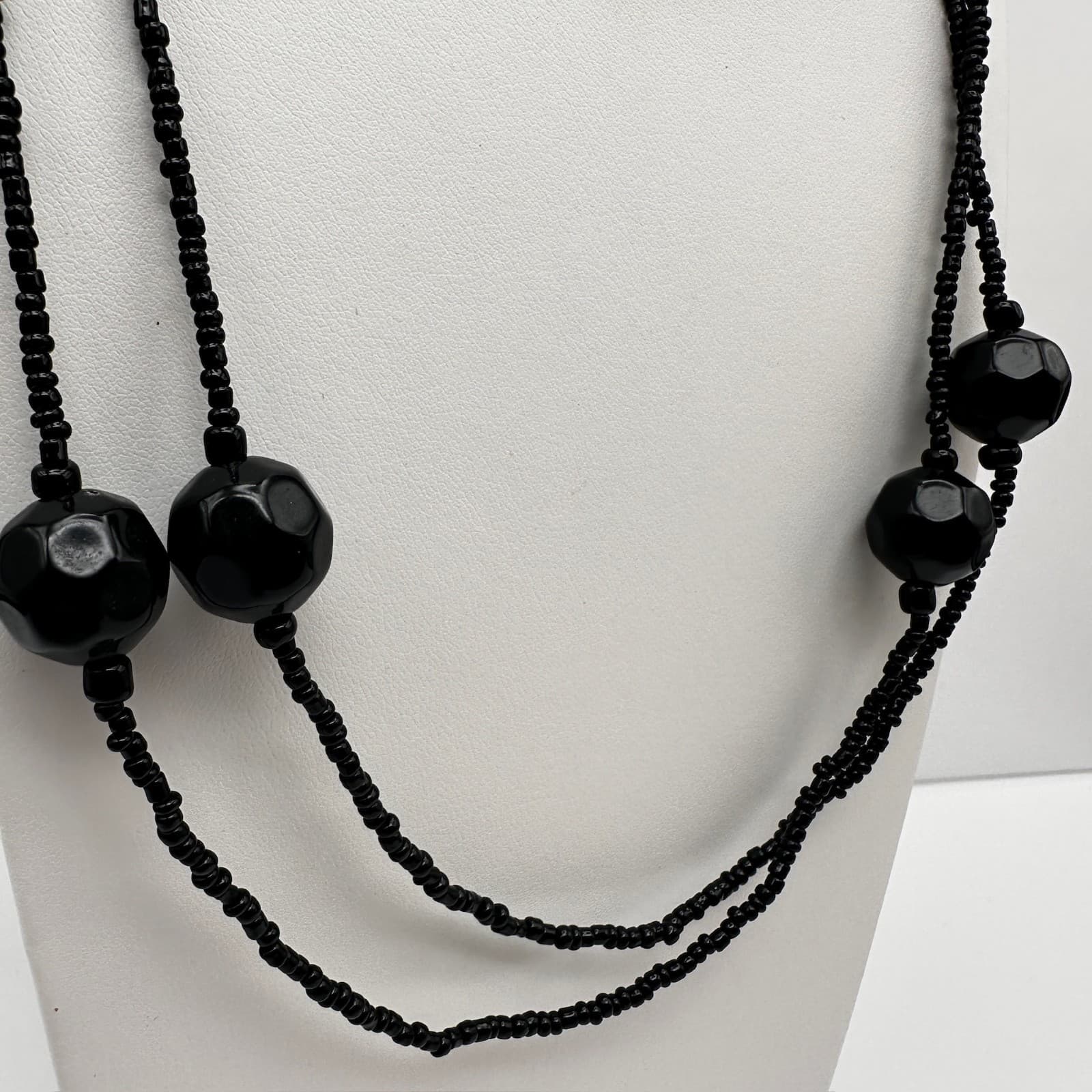 Vintage 90s Black Beaded Double Strand Necklace Set Chunky Boho Women's Jewelry - Thumbnail 8