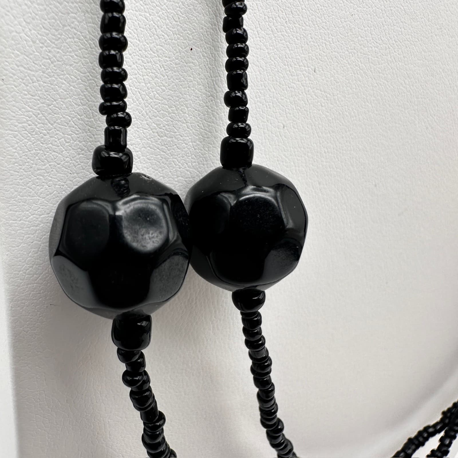 Vintage 90s Black Beaded Double Strand Necklace Set Chunky Boho Women's Jewelry - Thumbnail 9
