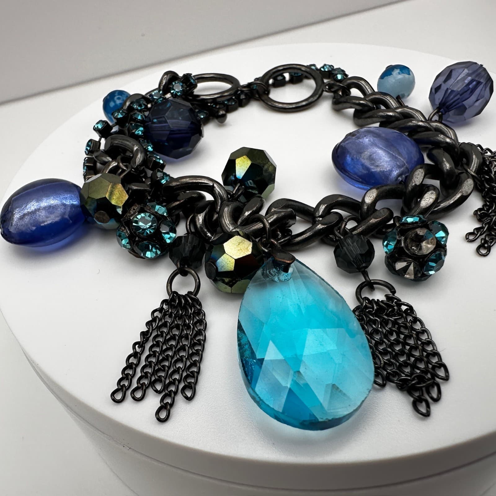 Vintage 90s Blue Crystal Charm Bracelet Silver Tone Mixed Bead Women's Jewelry - Thumbnail 10