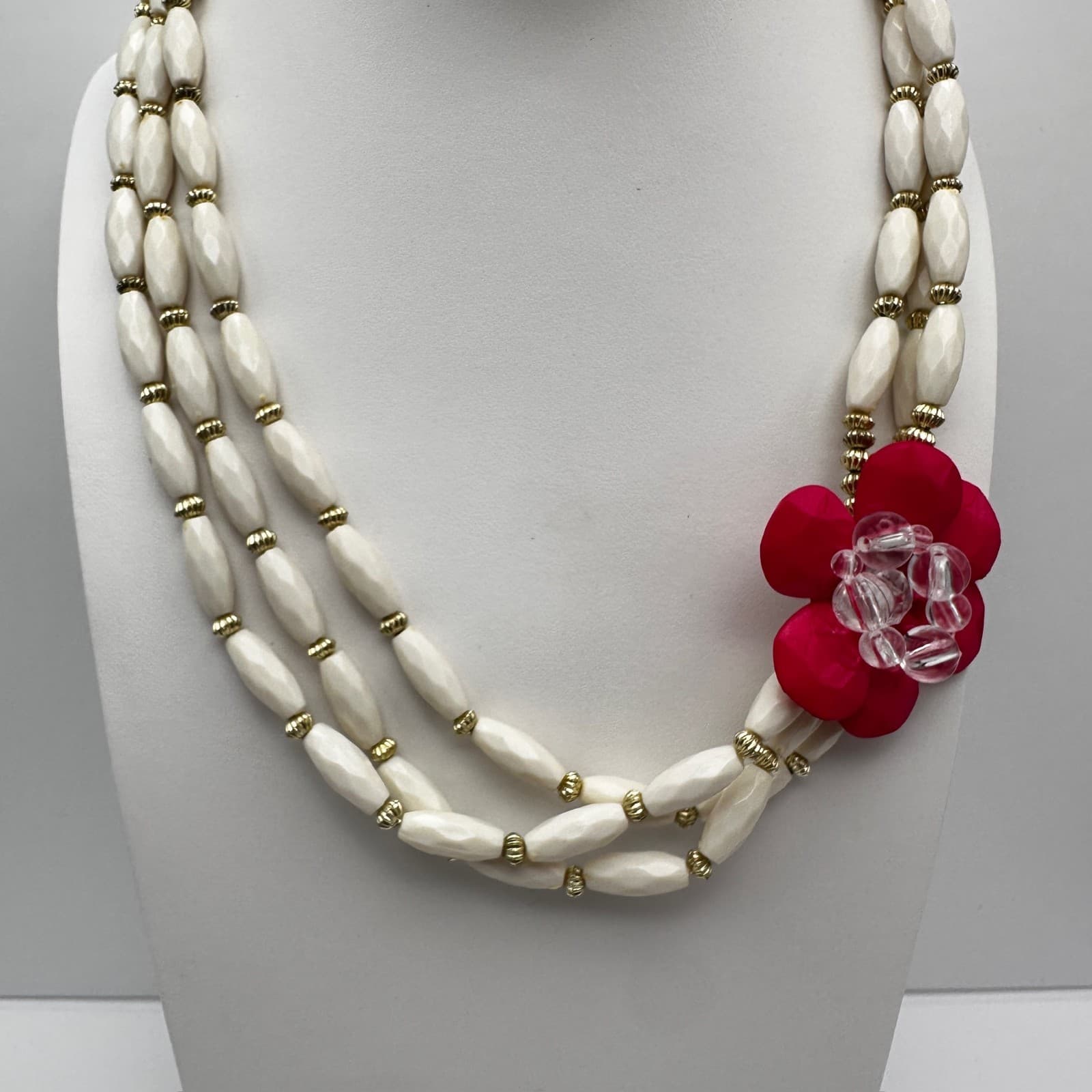 VTG 90s Red Flower Triple Strand White Bead Necklace Gold Tone Women's Jewelry - Thumbnail 2