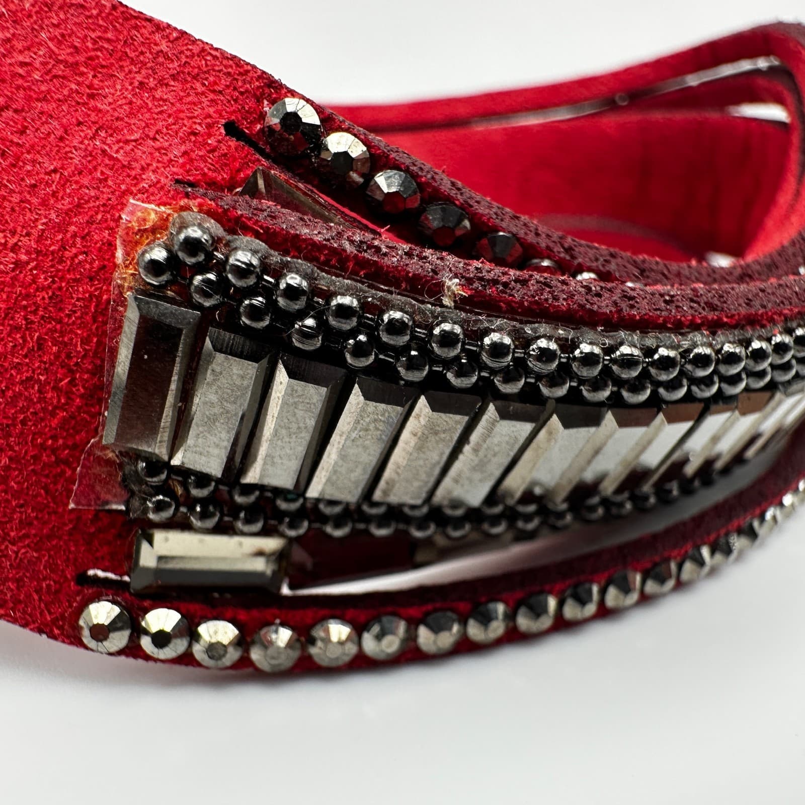 Vintage 90s Red Suede Cuff Bracelet Rhinestone Gunmetal Tone Women's Jewelry - Thumbnail 5