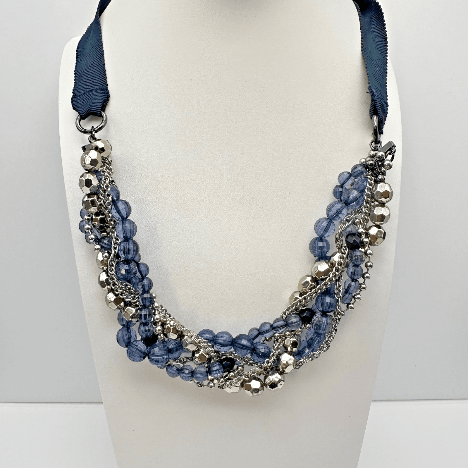 Vintage 90s Multi Strand Blue Beaded Ribbon Statement Necklace Women's Jewelry - Image 1