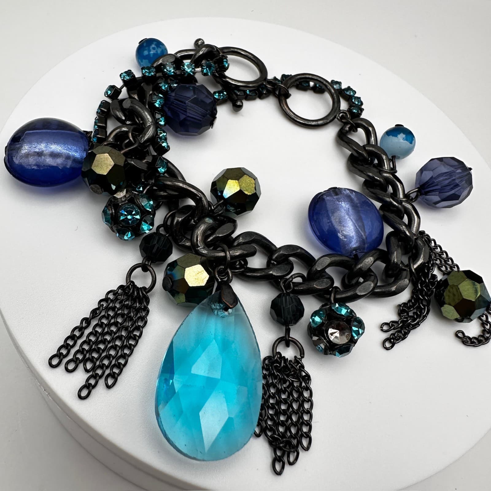 Vintage 90s Blue Crystal Charm Bracelet Silver Tone Mixed Bead Women's Jewelry - Thumbnail 9