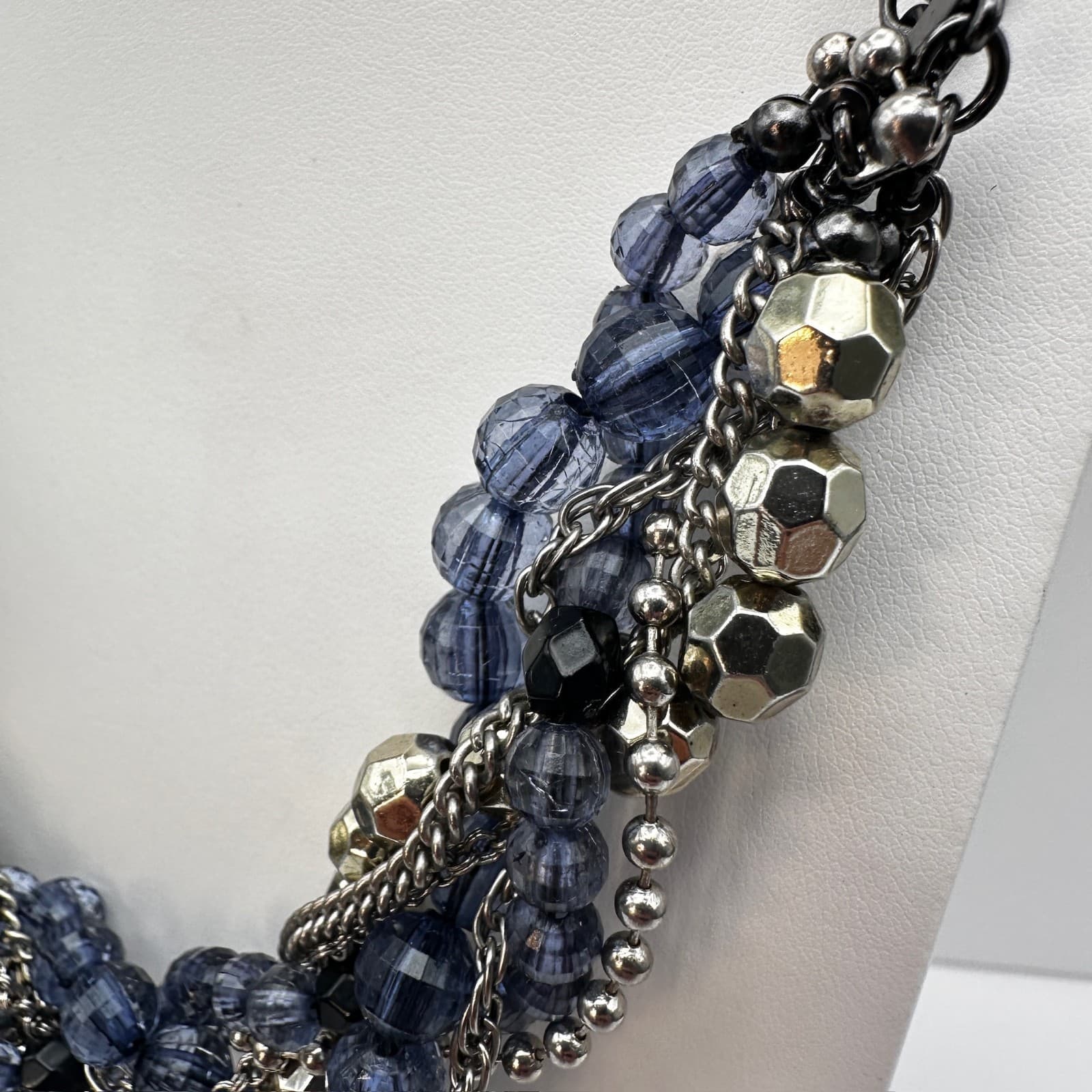 Vintage 90s Multi Strand Blue Beaded Ribbon Statement Necklace Women's Jewelry - Thumbnail 8