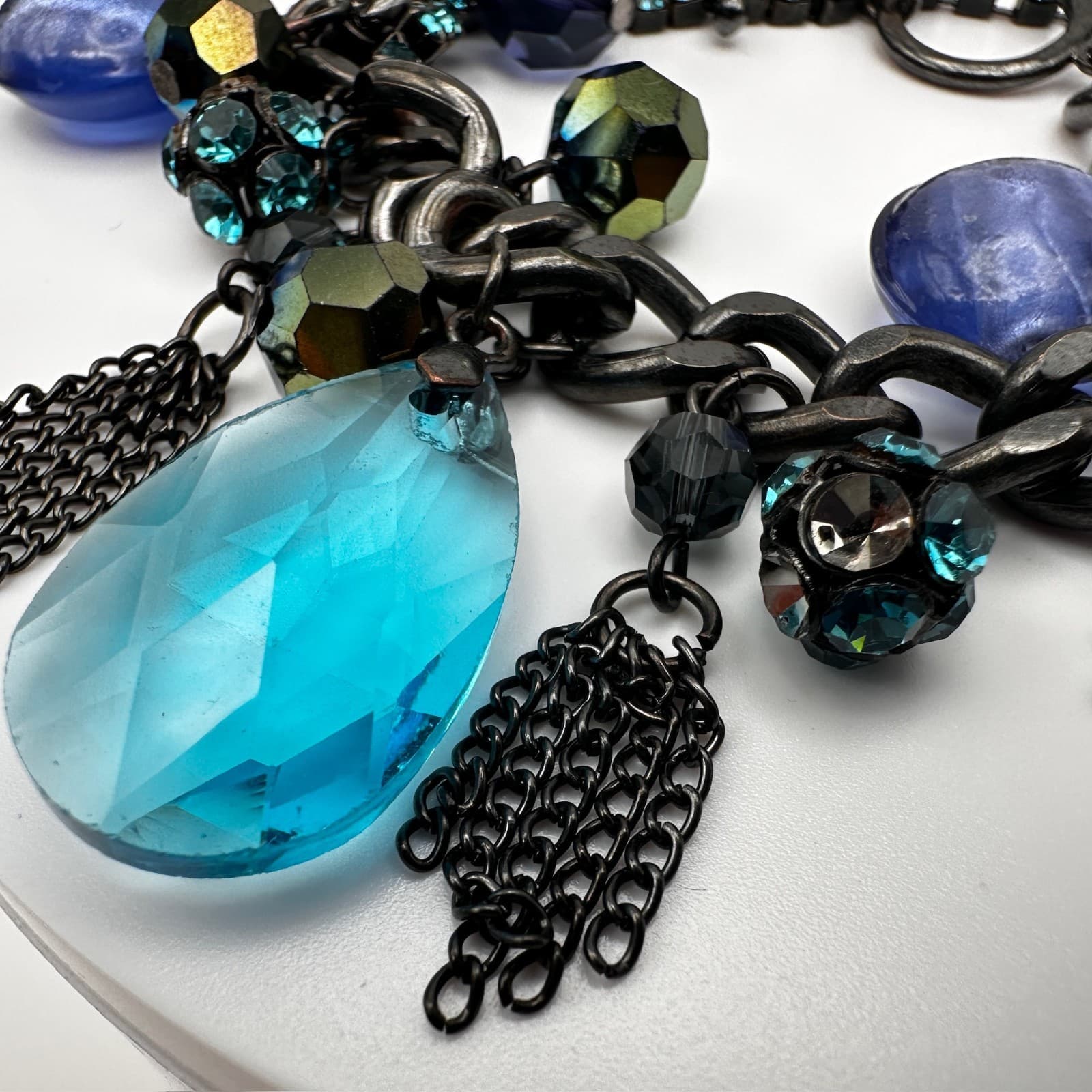 Vintage 90s Blue Crystal Charm Bracelet Silver Tone Mixed Bead Women's Jewelry - Thumbnail 13