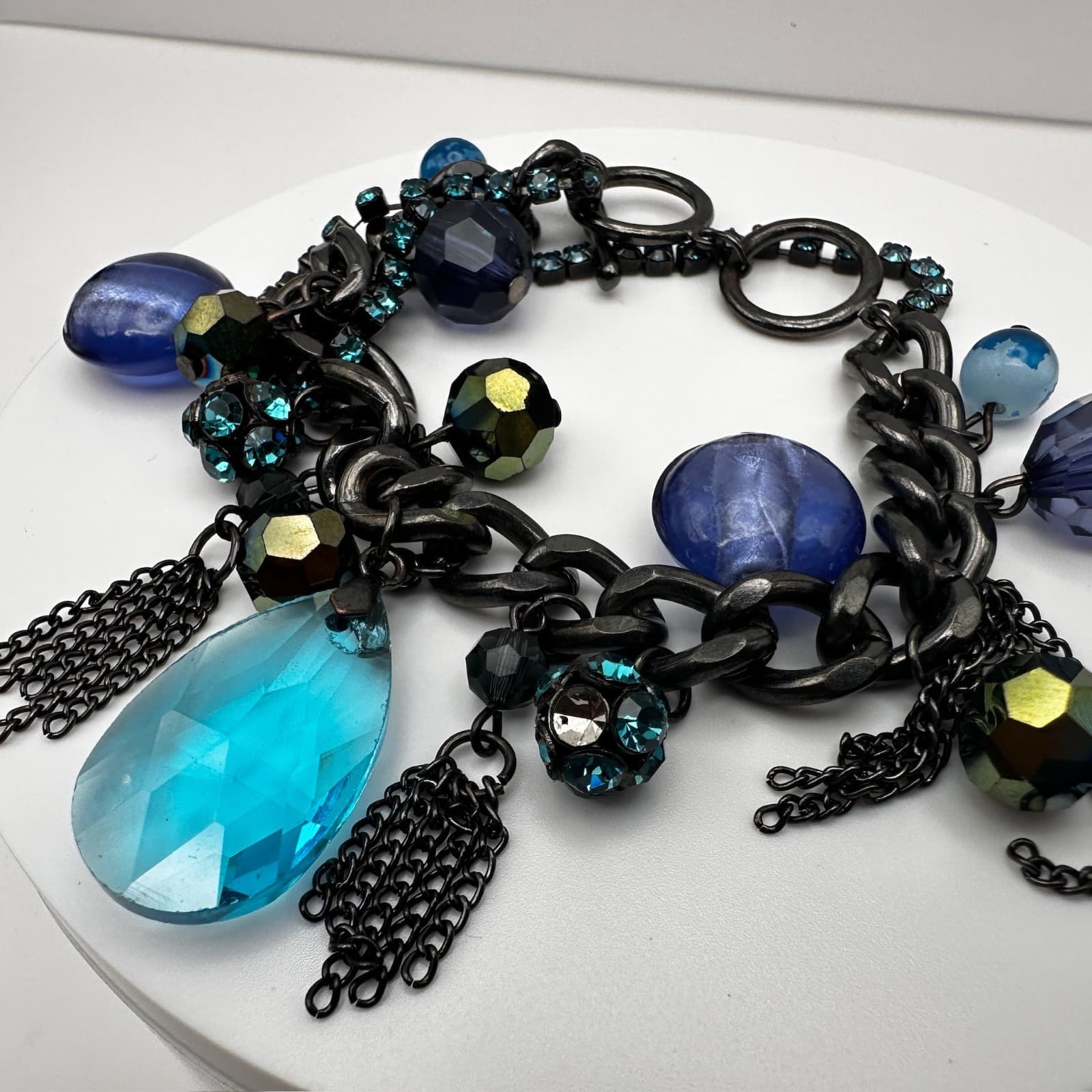 Vintage 90s Blue Crystal Charm Bracelet Silver Tone Mixed Bead Women's Jewelry - Thumbnail 12