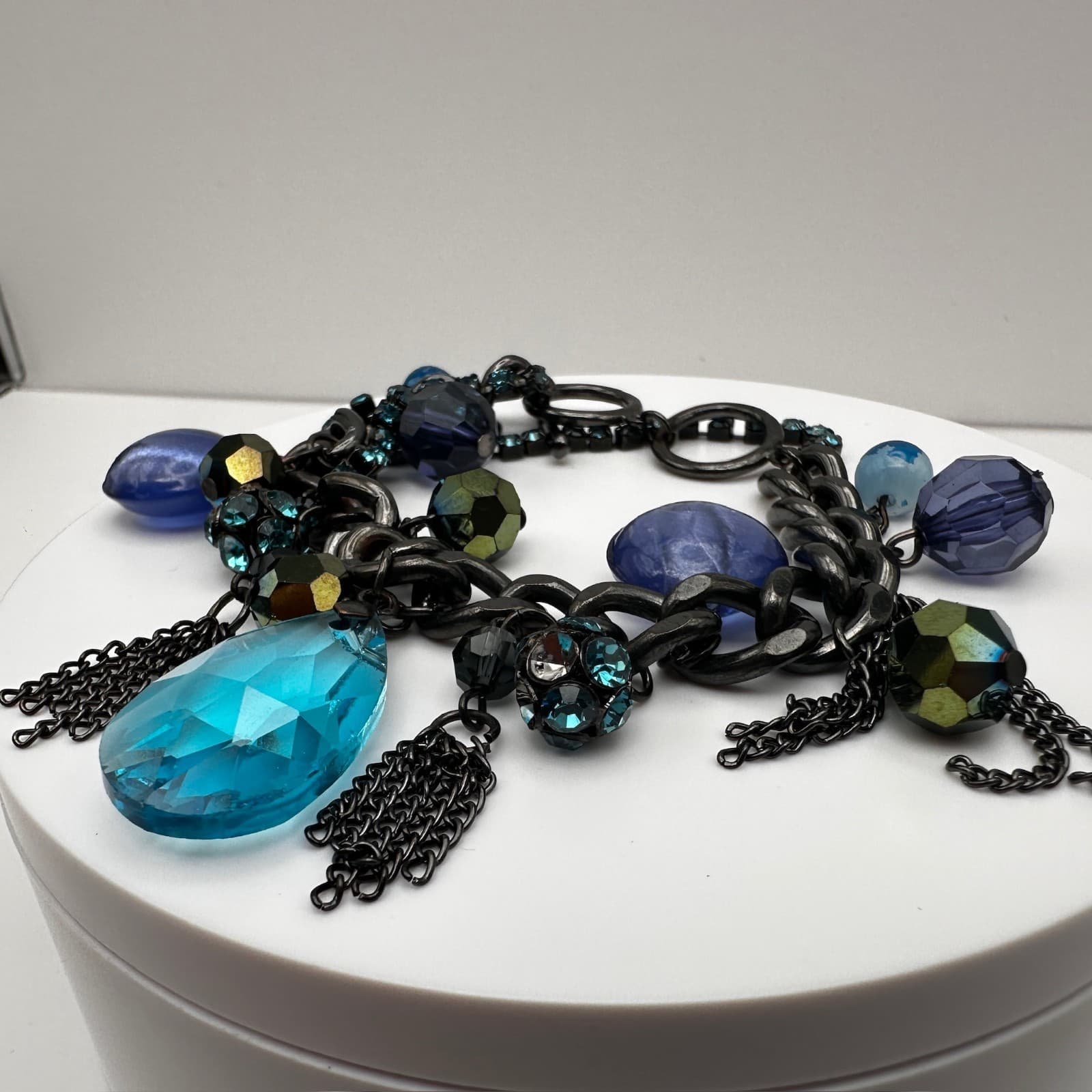 Vintage 90s Blue Crystal Charm Bracelet Silver Tone Mixed Bead Women's Jewelry - Thumbnail 11