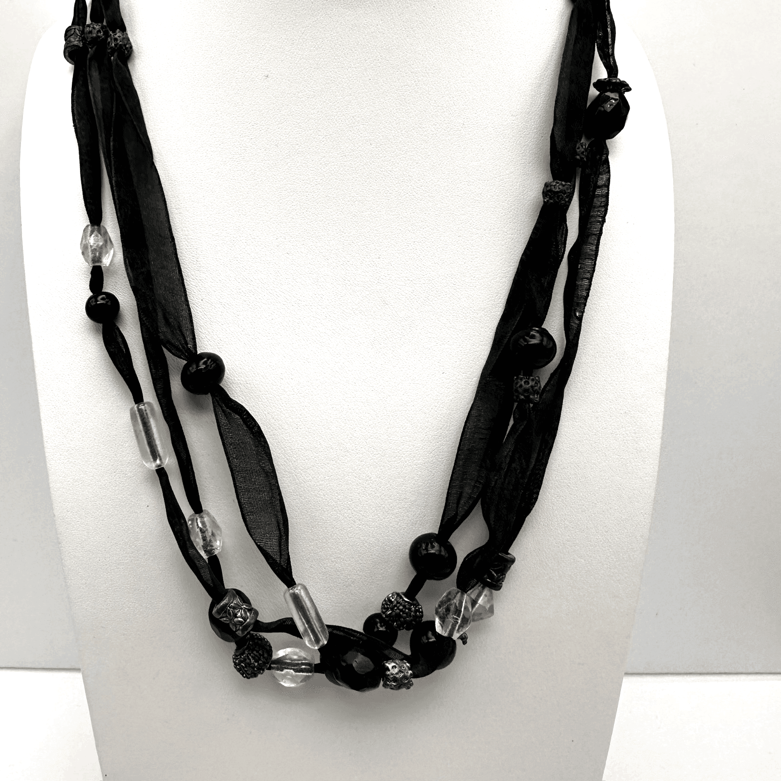 Vintage 90s Multi-Strand Black Ribbon Necklace Glass Beads Metal Womens Jewelry - Image 1
