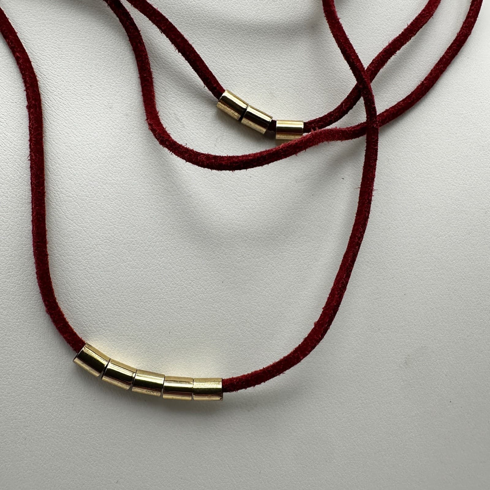 Vintage etc! 90s Red Suede Tube Bead Layered Necklace Gold Tone Women's Jewelry - Thumbnail 2
