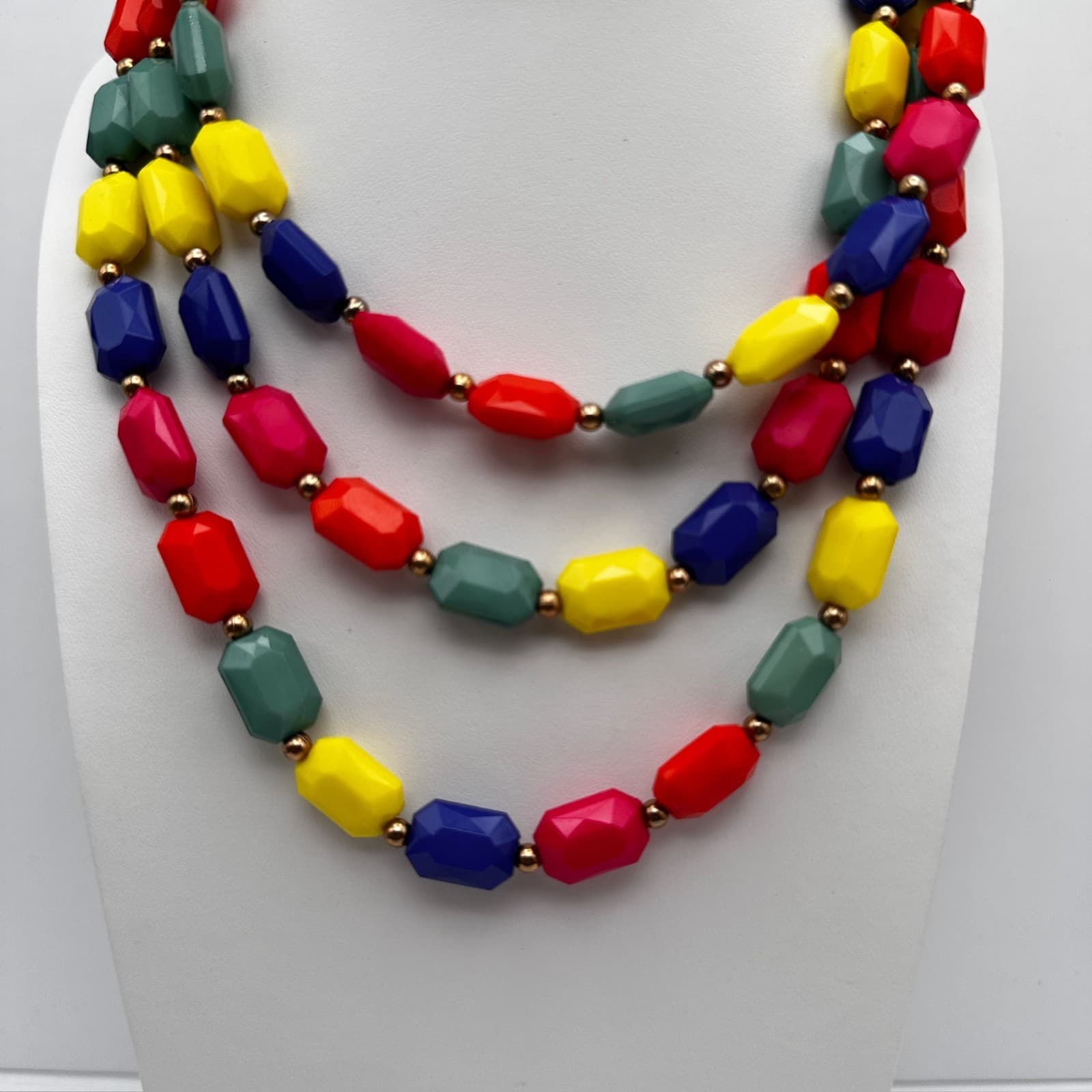 VTG 80s 90s Multicolor Geometric Resin Bead Necklace Gold Tone Women's Jewelry - Thumbnail 2