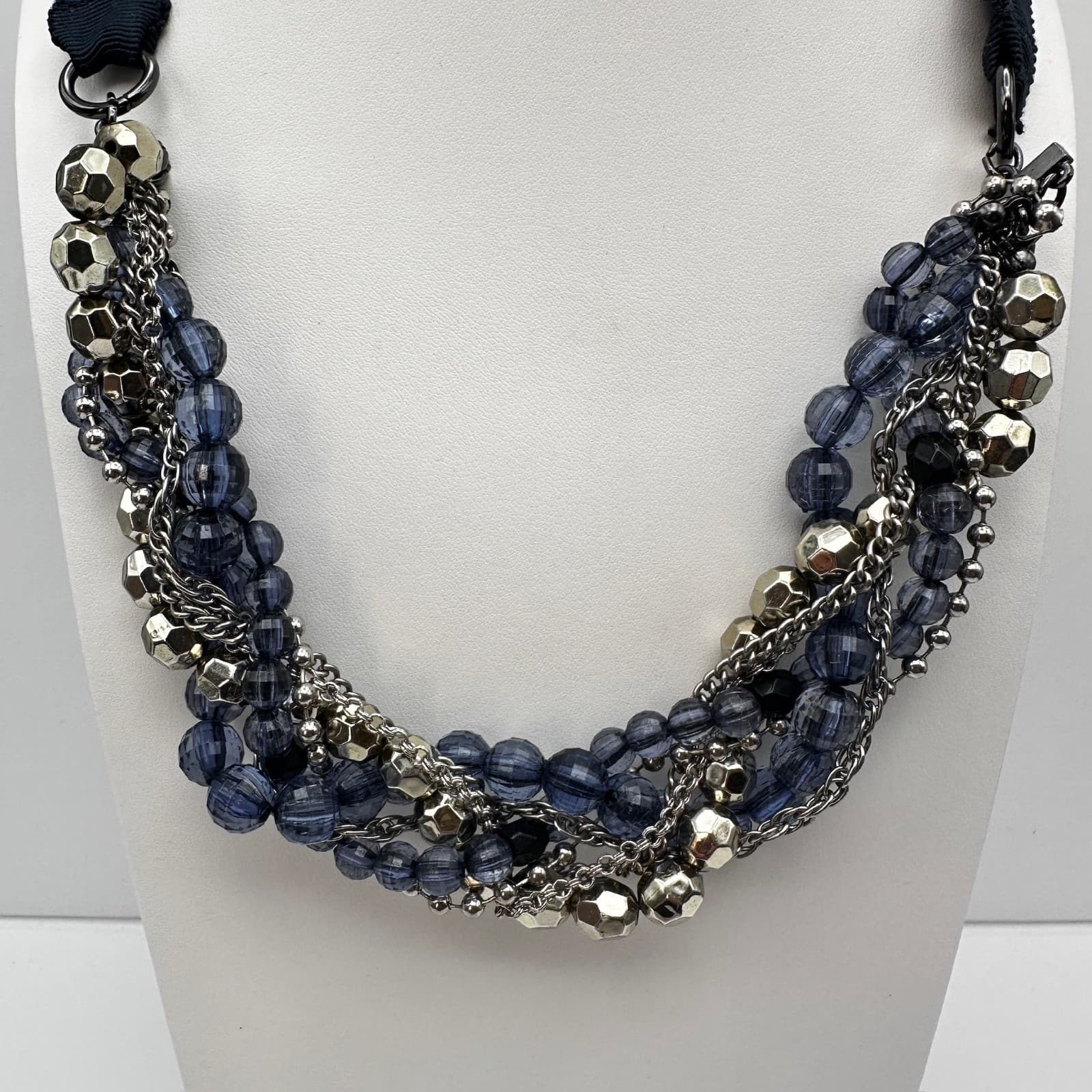 Vintage 90s Multi Strand Blue Beaded Ribbon Statement Necklace Women's Jewelry - Thumbnail 2