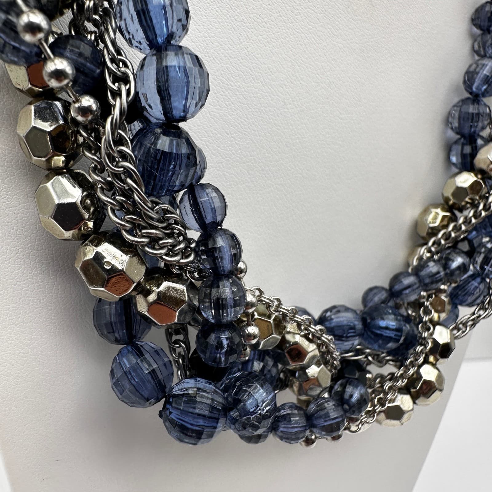 Vintage 90s Multi Strand Blue Beaded Ribbon Statement Necklace Women's Jewelry - Thumbnail 5