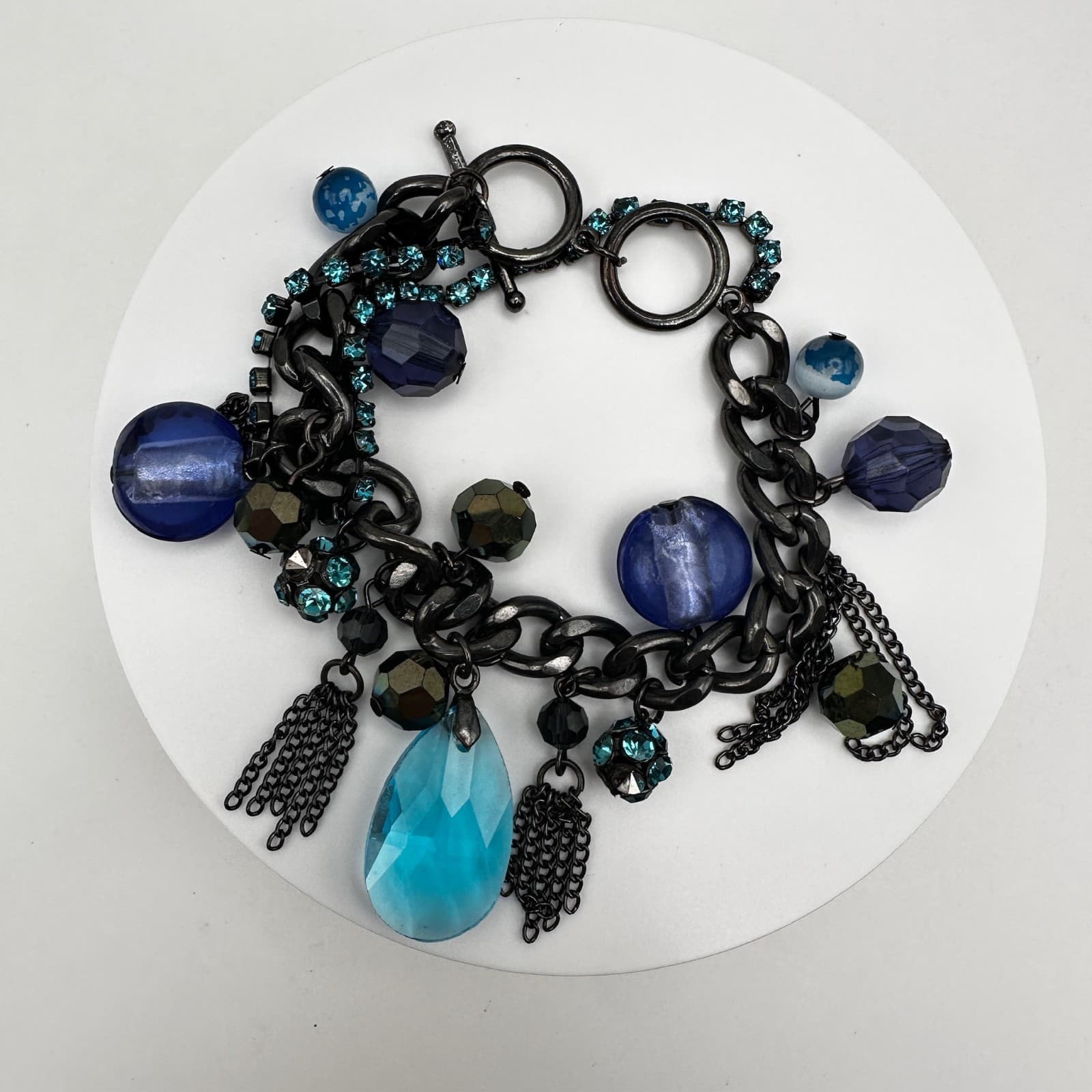 Vintage 90s Blue Crystal Charm Bracelet Silver Tone Mixed Bead Women's Jewelry - Thumbnail 8
