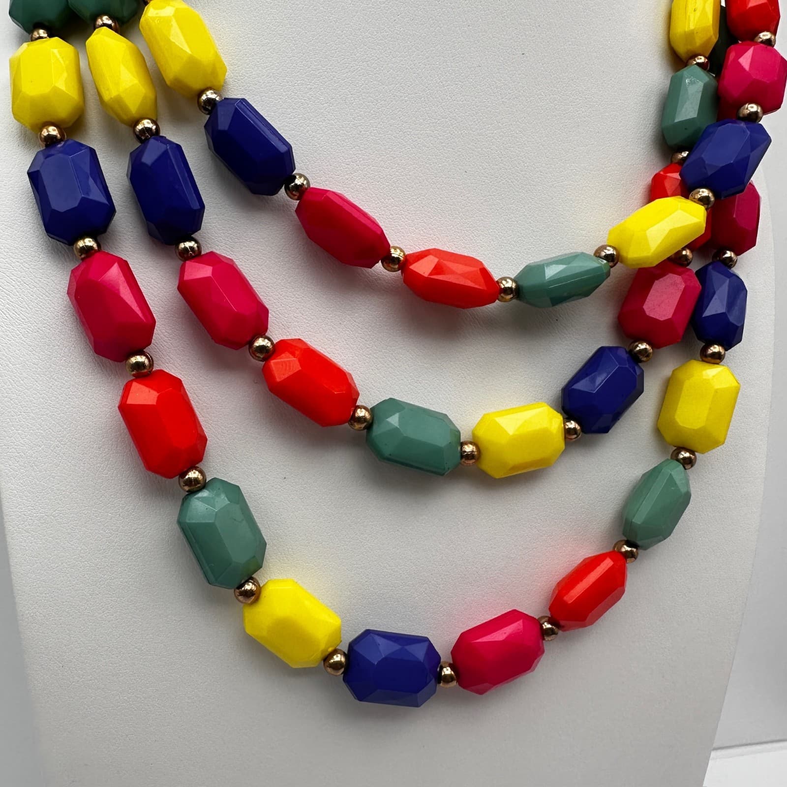 VTG 80s 90s Multicolor Geometric Resin Bead Necklace Gold Tone Women's Jewelry - Thumbnail 3