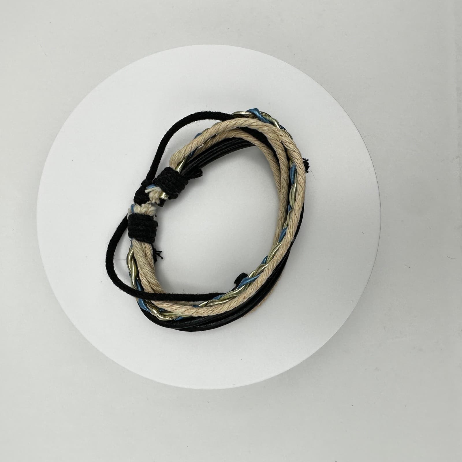 Vintage 90s Multi-Strand Leather Cord Bracelet Braided Gold Tone Women's Jewelry - Thumbnail 3