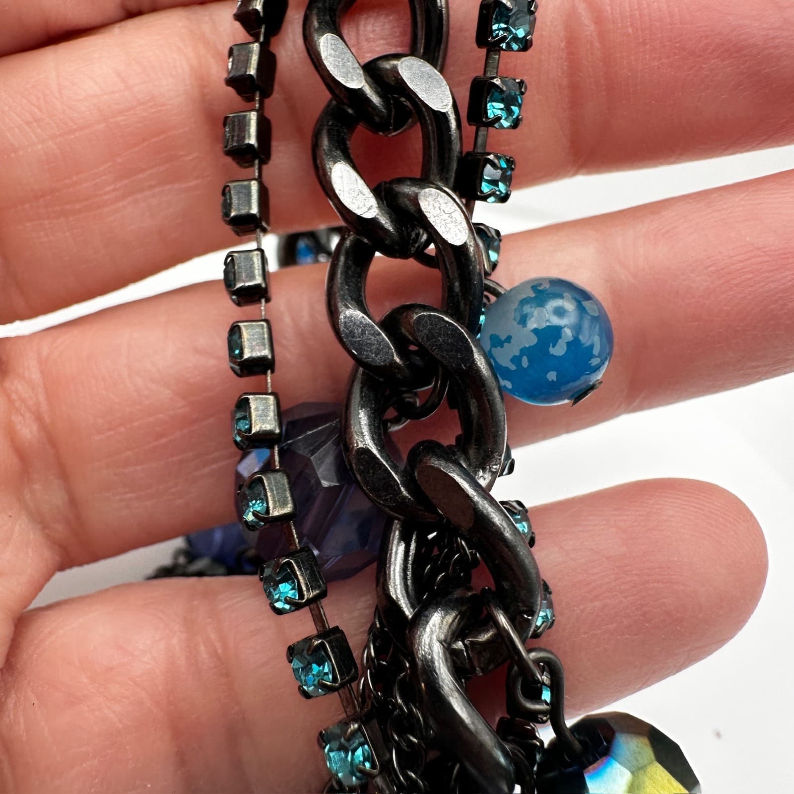 Vintage 90s Blue Crystal Charm Bracelet Silver Tone Mixed Bead Women's Jewelry - Thumbnail 14