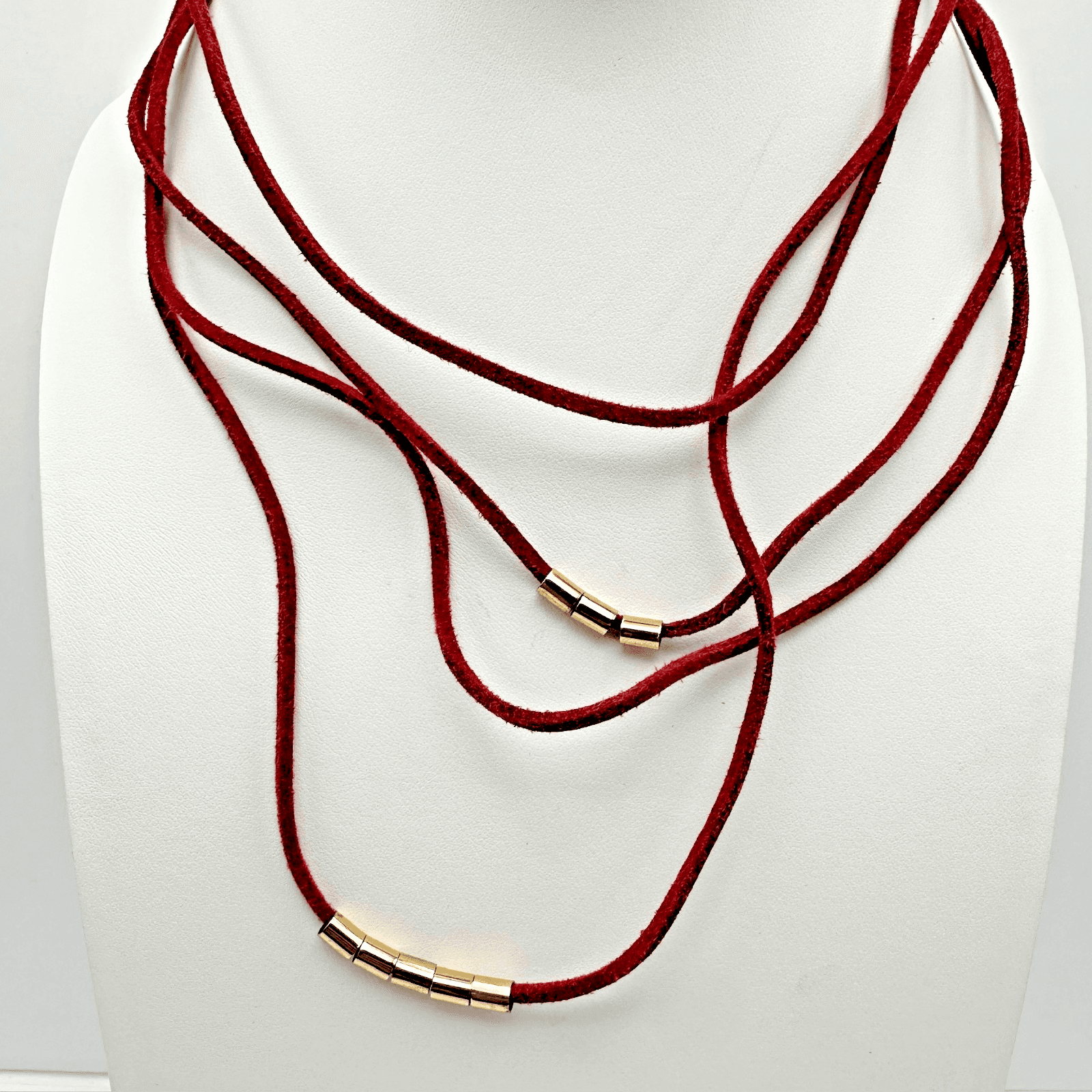 Vintage etc! 90s Red Suede Tube Bead Layered Necklace Gold Tone Women's Jewelry - Image 1