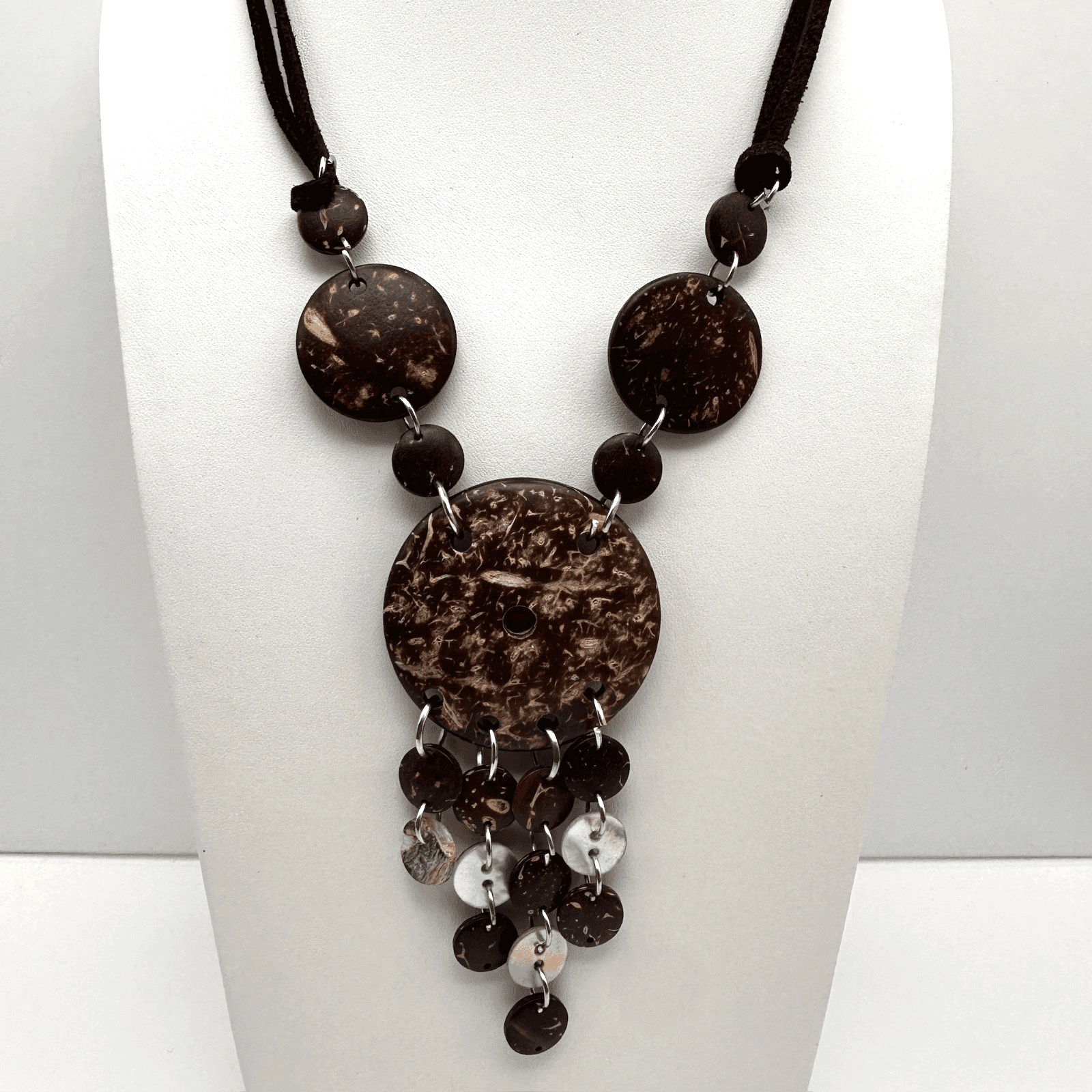 Vintage 90s Coconut Shell Mother Of Pearl Necklace Brown Suede Cord Bib Women's - Image 1