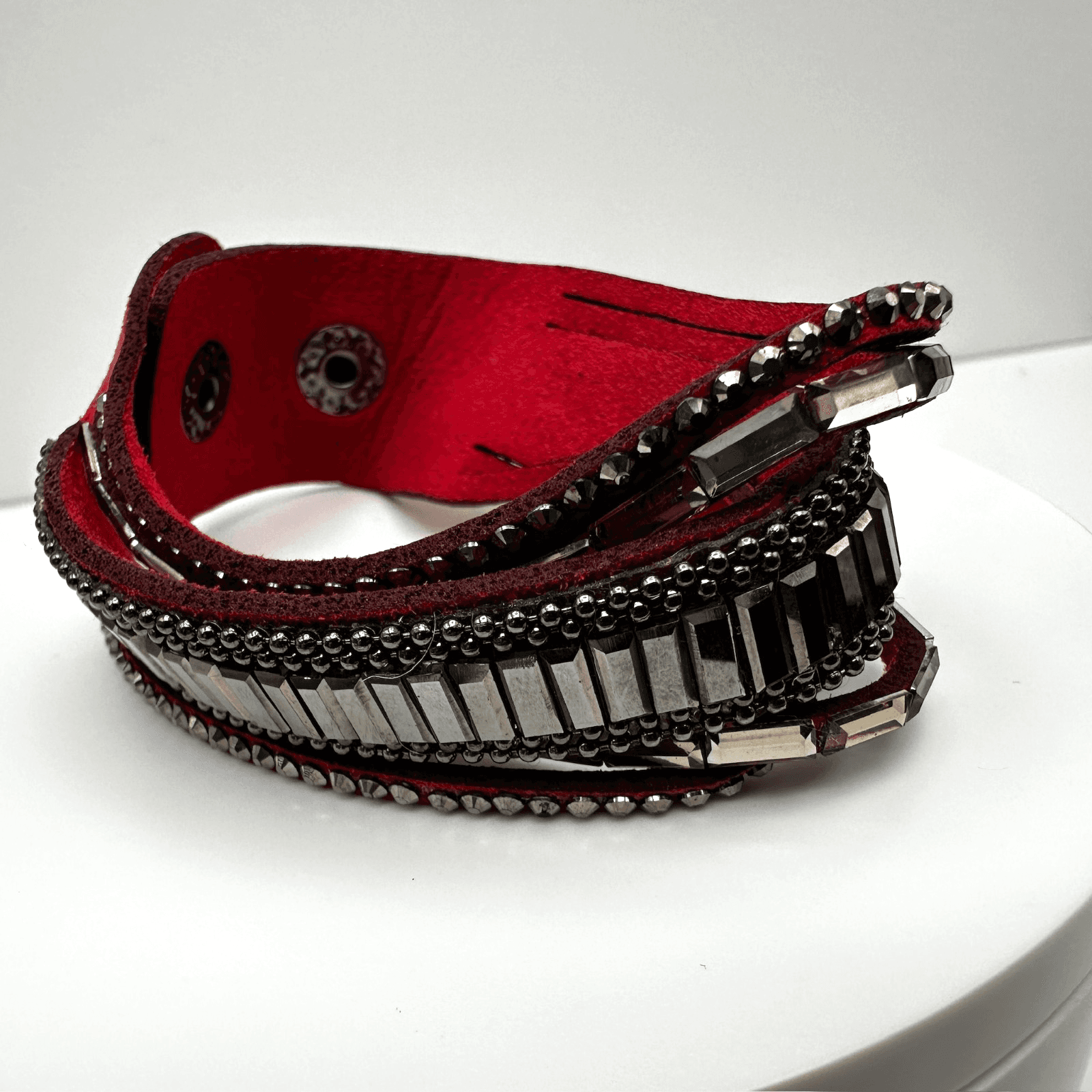 Vintage 90s Red Suede Cuff Bracelet Rhinestone Gunmetal Tone Women's Jewelry - Image 1