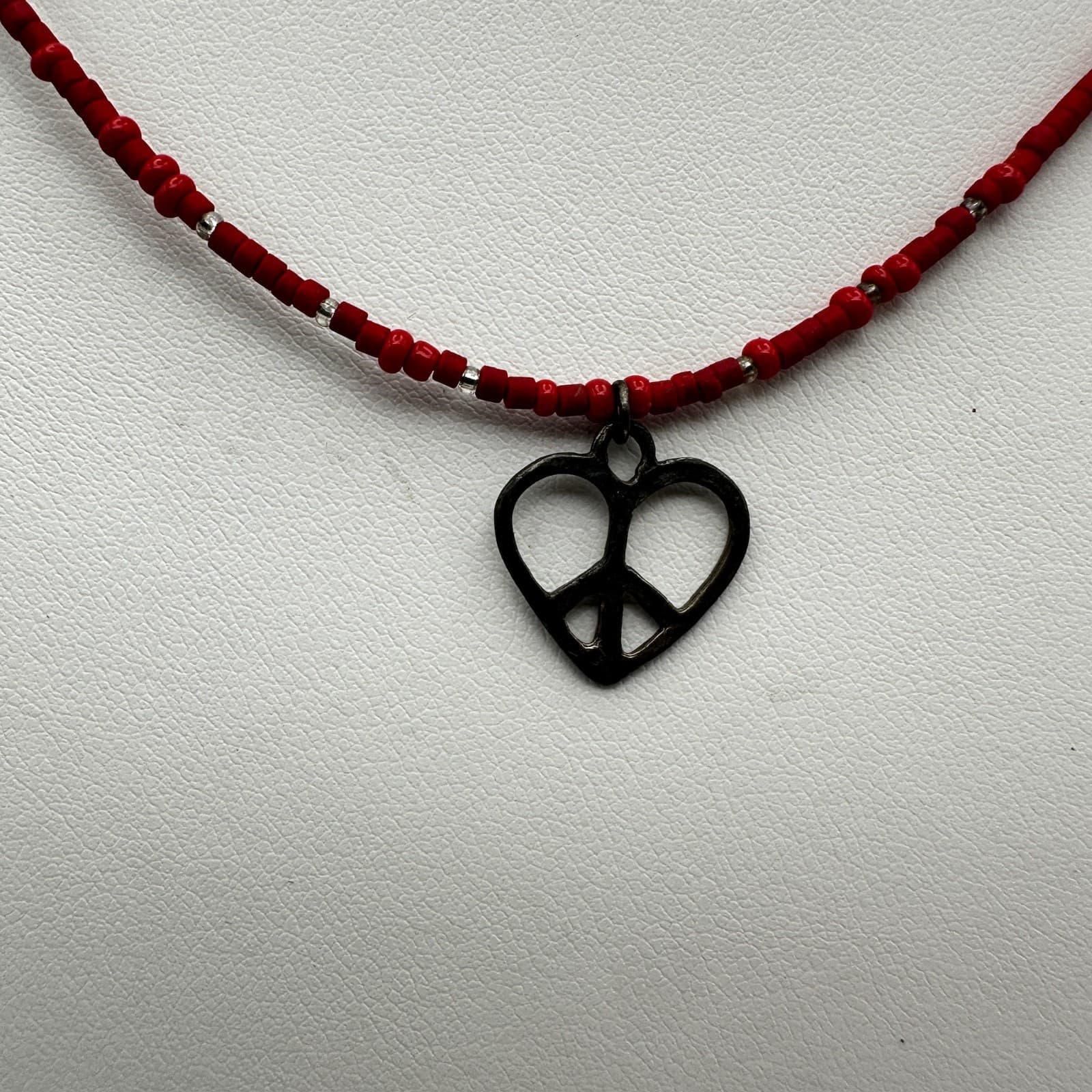 Vintage 90s Red Bead Heart Pendant Necklace Silver Tone Women's Jewelry - Thumbnail 2