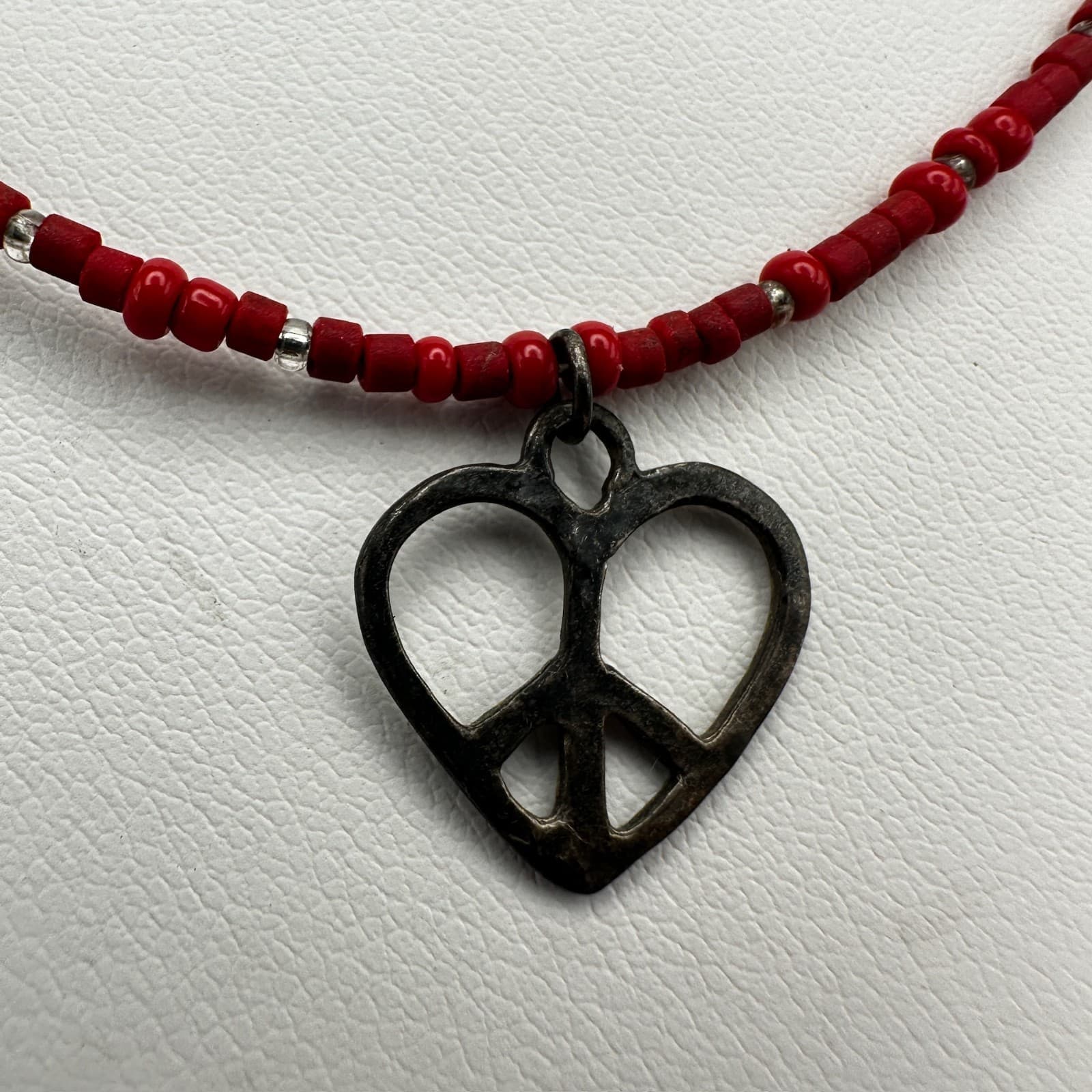 Vintage 90s Red Bead Heart Pendant Necklace Silver Tone Women's Jewelry - Thumbnail 5