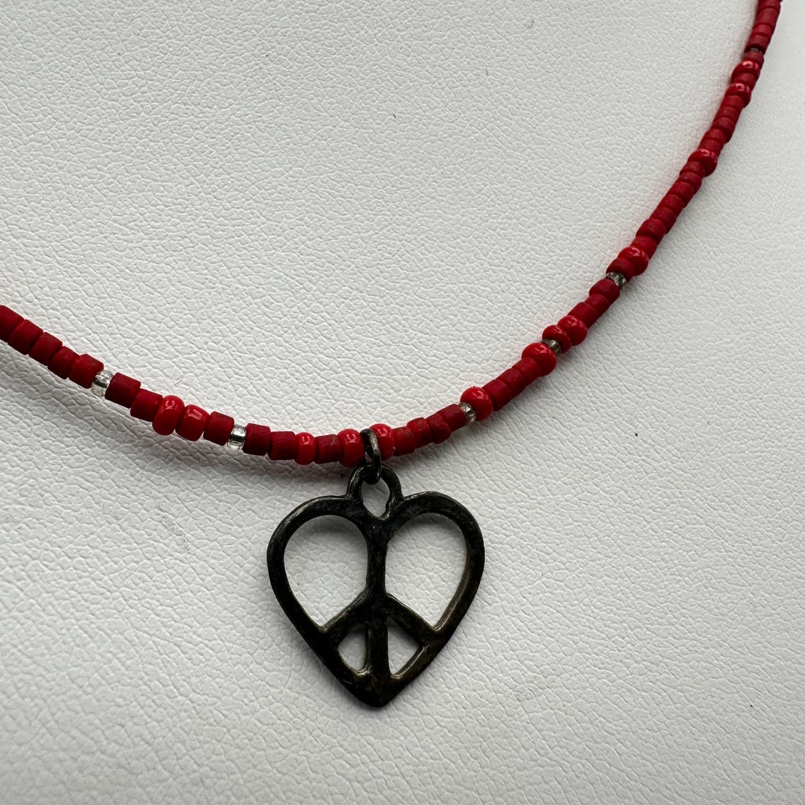 Vintage 90s Red Bead Heart Pendant Necklace Silver Tone Women's Jewelry - Thumbnail 4