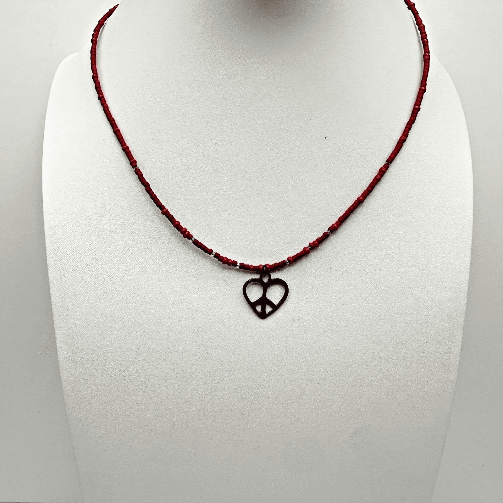 Vintage 90s Red Bead Heart Pendant Necklace Silver Tone Women's Jewelry - Image 1