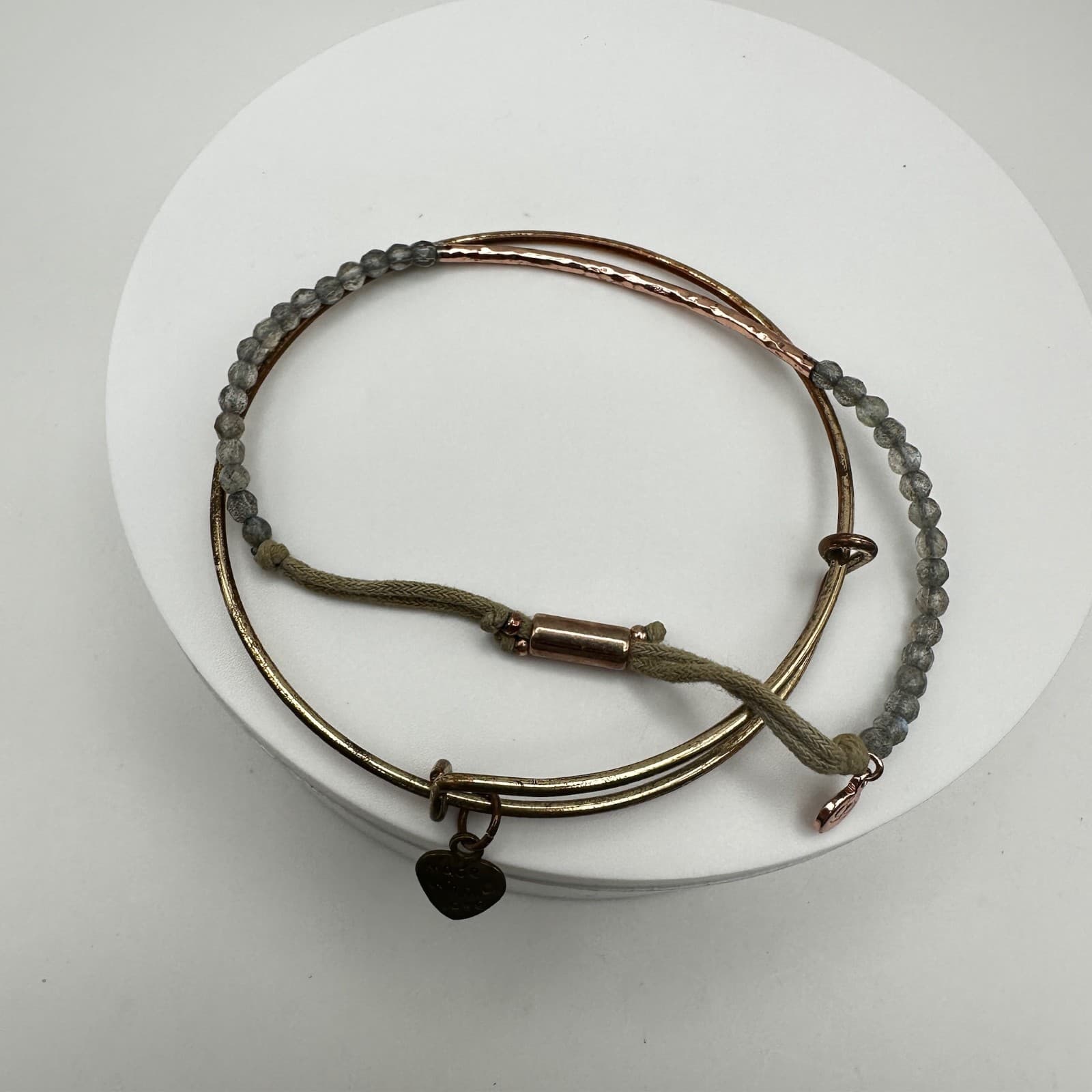 Vintage 90s Stacked Bangle & Cord Bracelet Set Grey Beads & Heart Charm Jewelry - Image 1