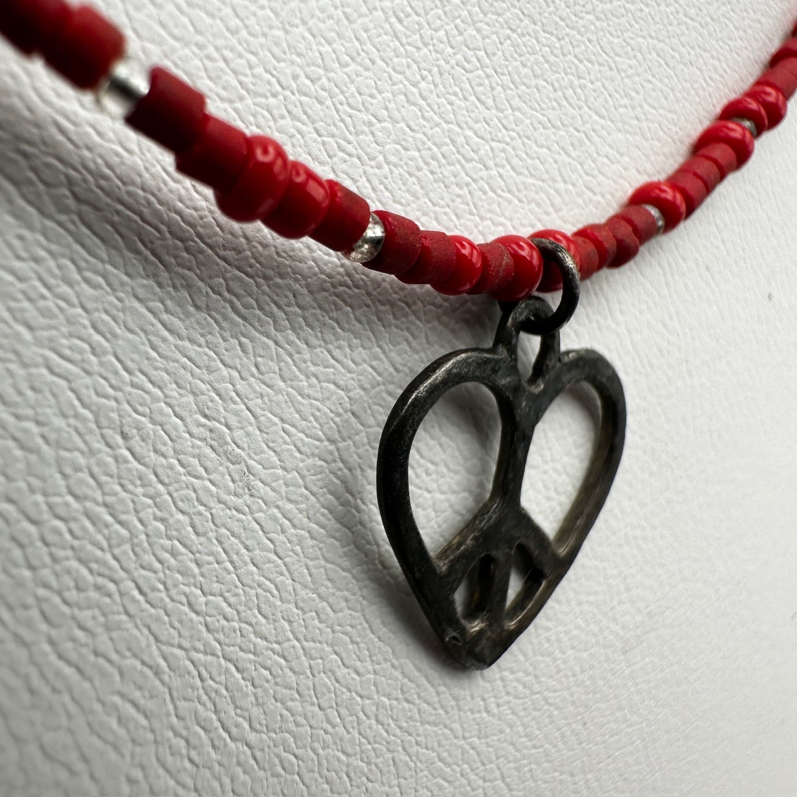 Vintage 90s Red Bead Heart Pendant Necklace Silver Tone Women's Jewelry - Thumbnail 7