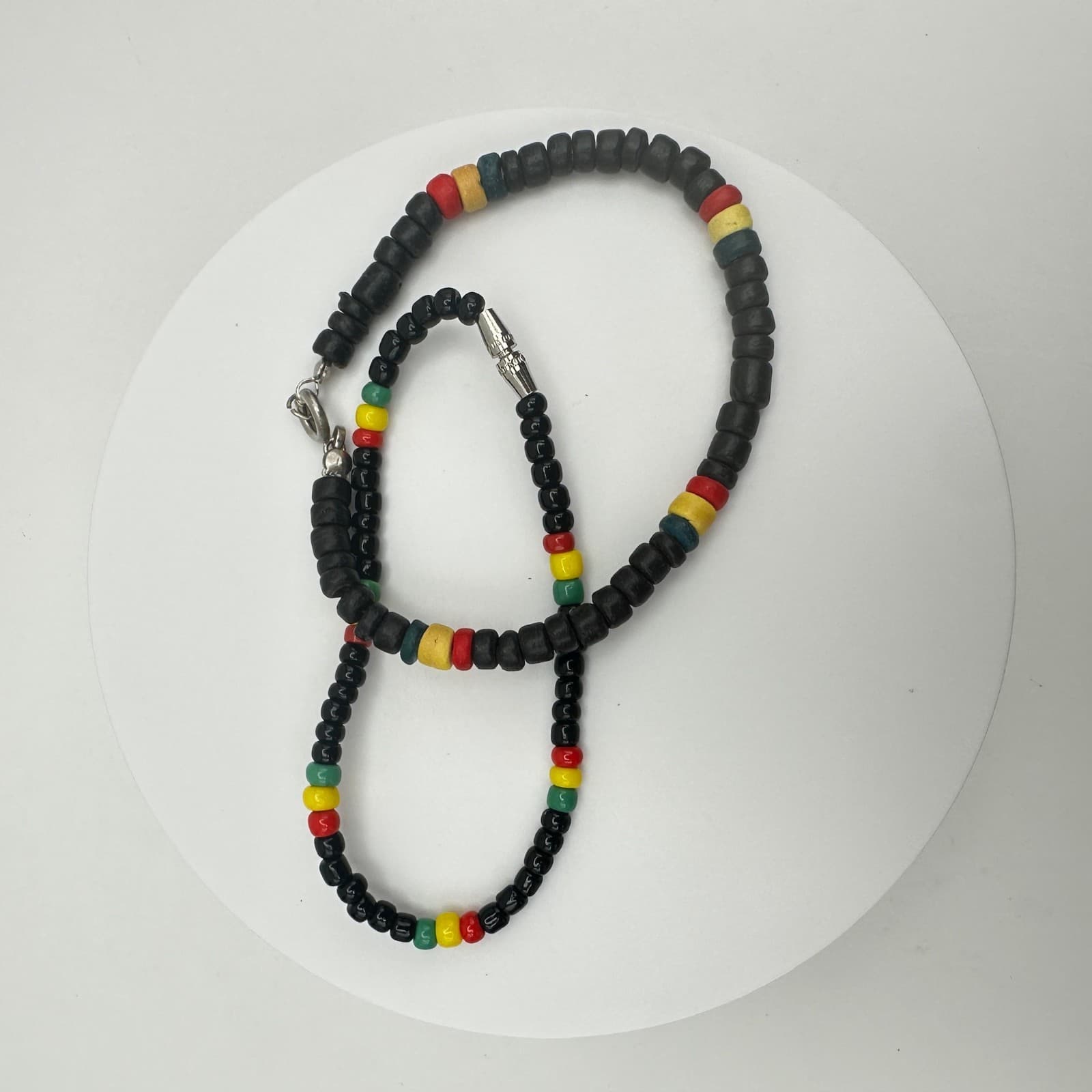 vintage 80s Rastafarian Black Bead Necklace & Bracelet Set RYG Accents Jewelry - Thumbnail 2