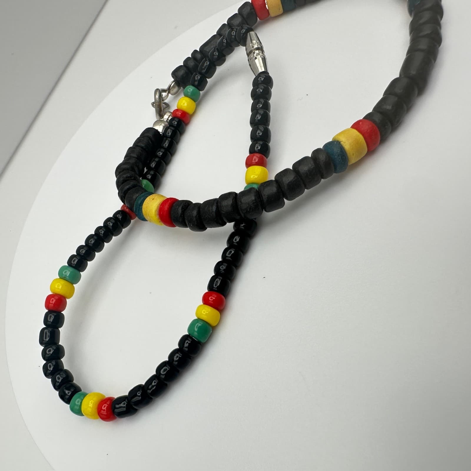 vintage 80s Rastafarian Black Bead Necklace & Bracelet Set RYG Accents Jewelry - Thumbnail 3