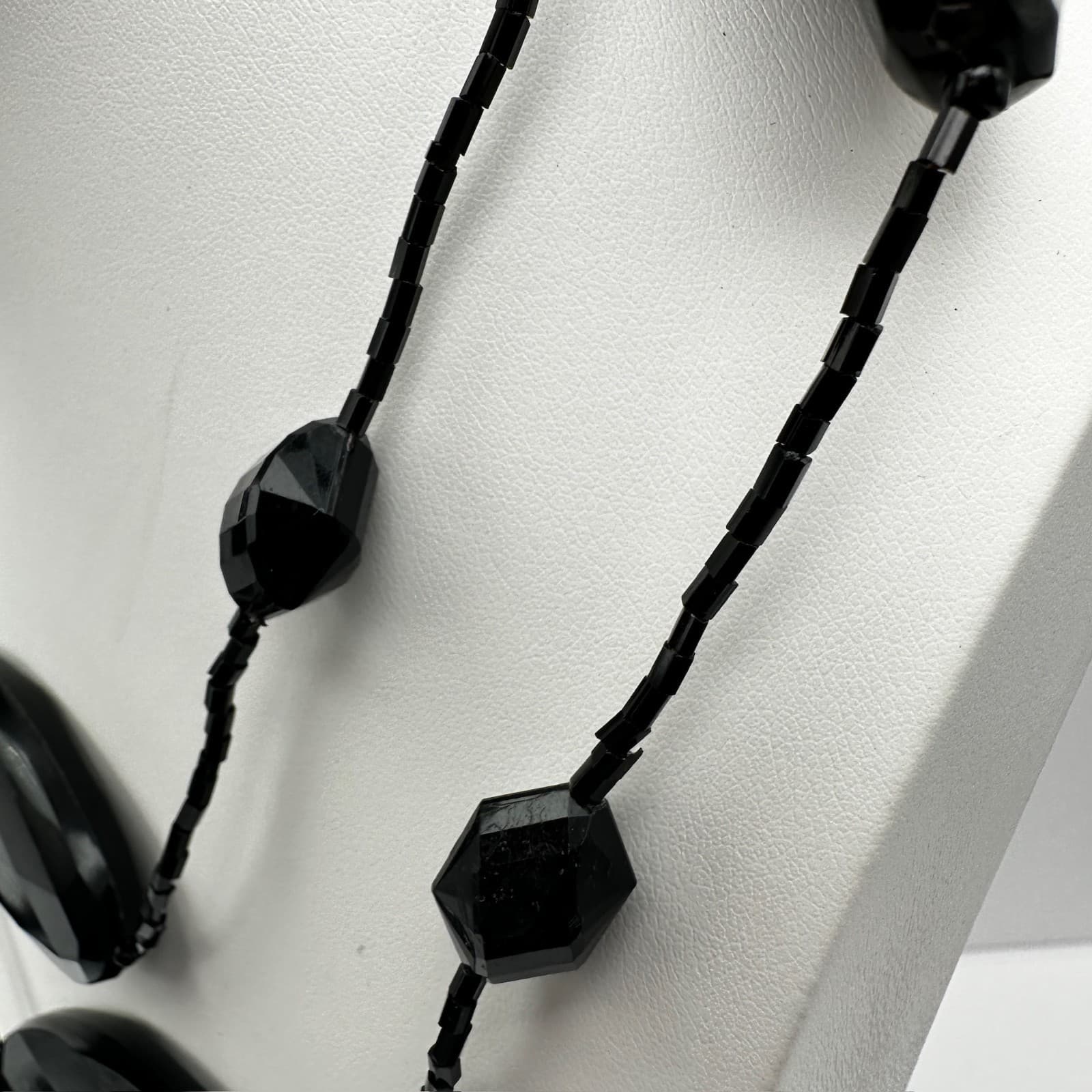 Vintage 90s Black Faceted Beaded Necklace Multi Strand Silver Tone Jewelry - Thumbnail 7
