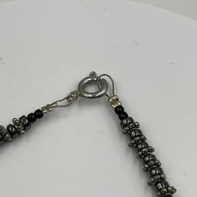 Vintage Black Beaded Bracelet Hematite Tone Spacer Faceted Center Minimalist - Thumbnail 2