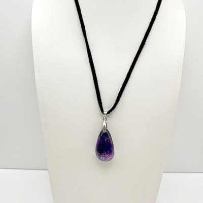 Vintage 90s Purple Stone Teardrop Pendant Necklace Silver Tone Women's Jewelry - Thumbnail 2