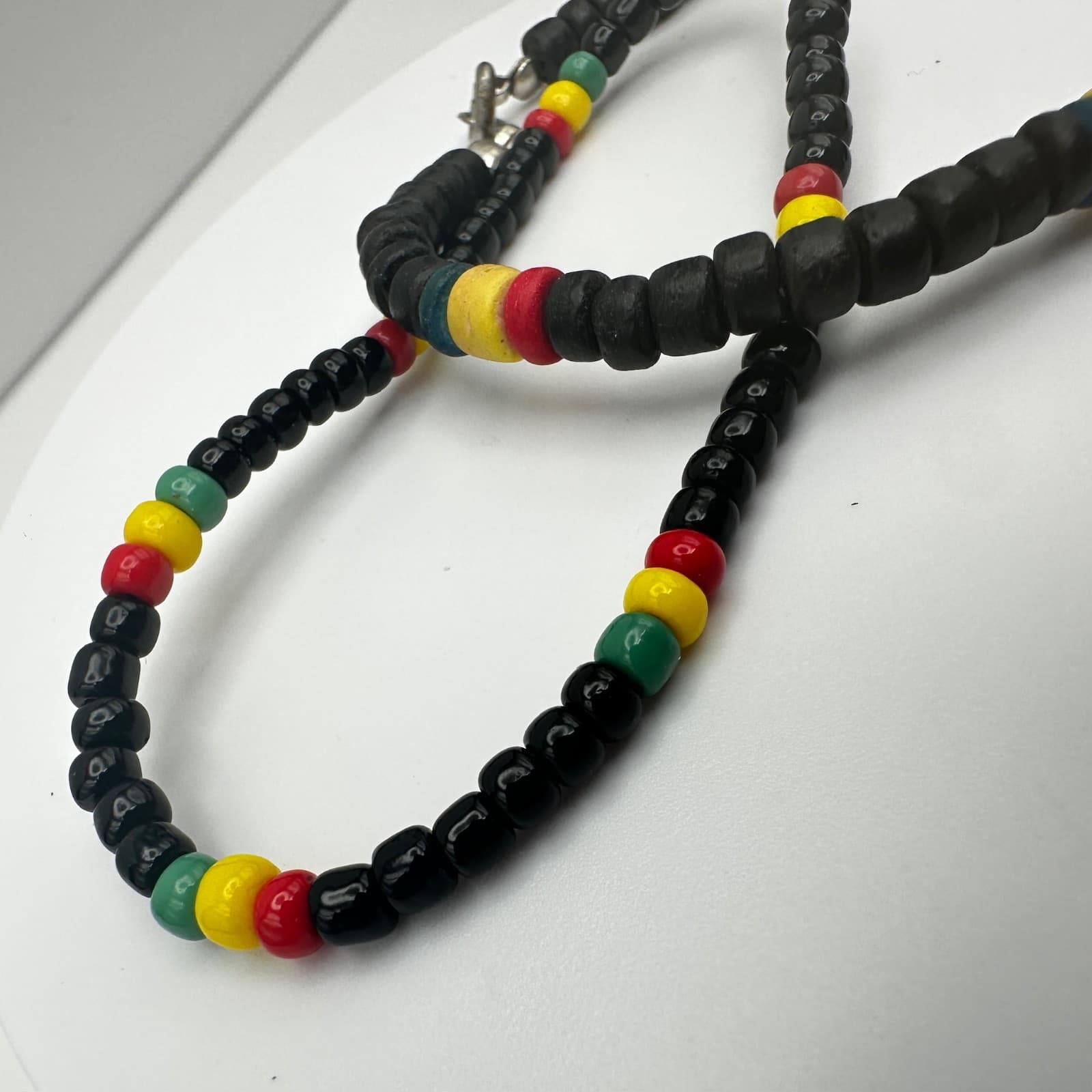 vintage 80s Rastafarian Black Bead Necklace & Bracelet Set RYG Accents Jewelry - Thumbnail 4