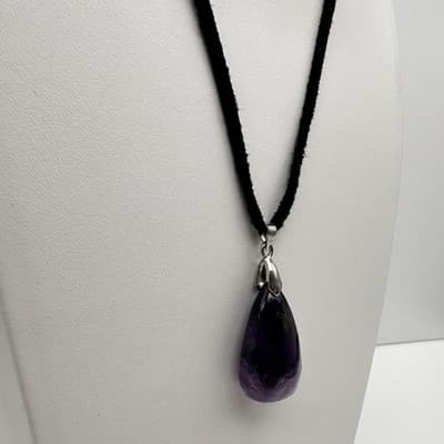 Vintage 90s Purple Stone Teardrop Pendant Necklace Silver Tone Women's Jewelry - Thumbnail 6