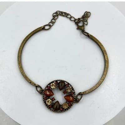 Vintage Bronze Tone Bracelet Amber Rhinestone Circle Link Adjustable Classic - Image 1
