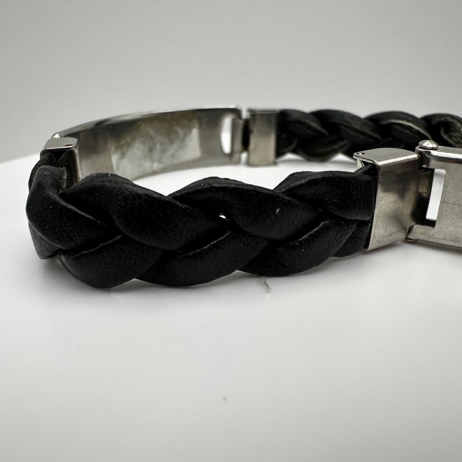 Vintage 90s Stainless Steel Black Braided Leather Bracelet Silver Tone Jewelry - Thumbnail 7