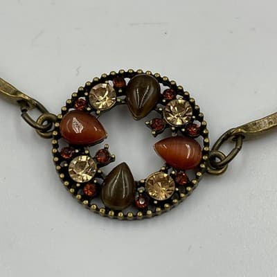 Vintage Bronze Tone Bracelet Amber Rhinestone Circle Link Adjustable Classic - Thumbnail 3