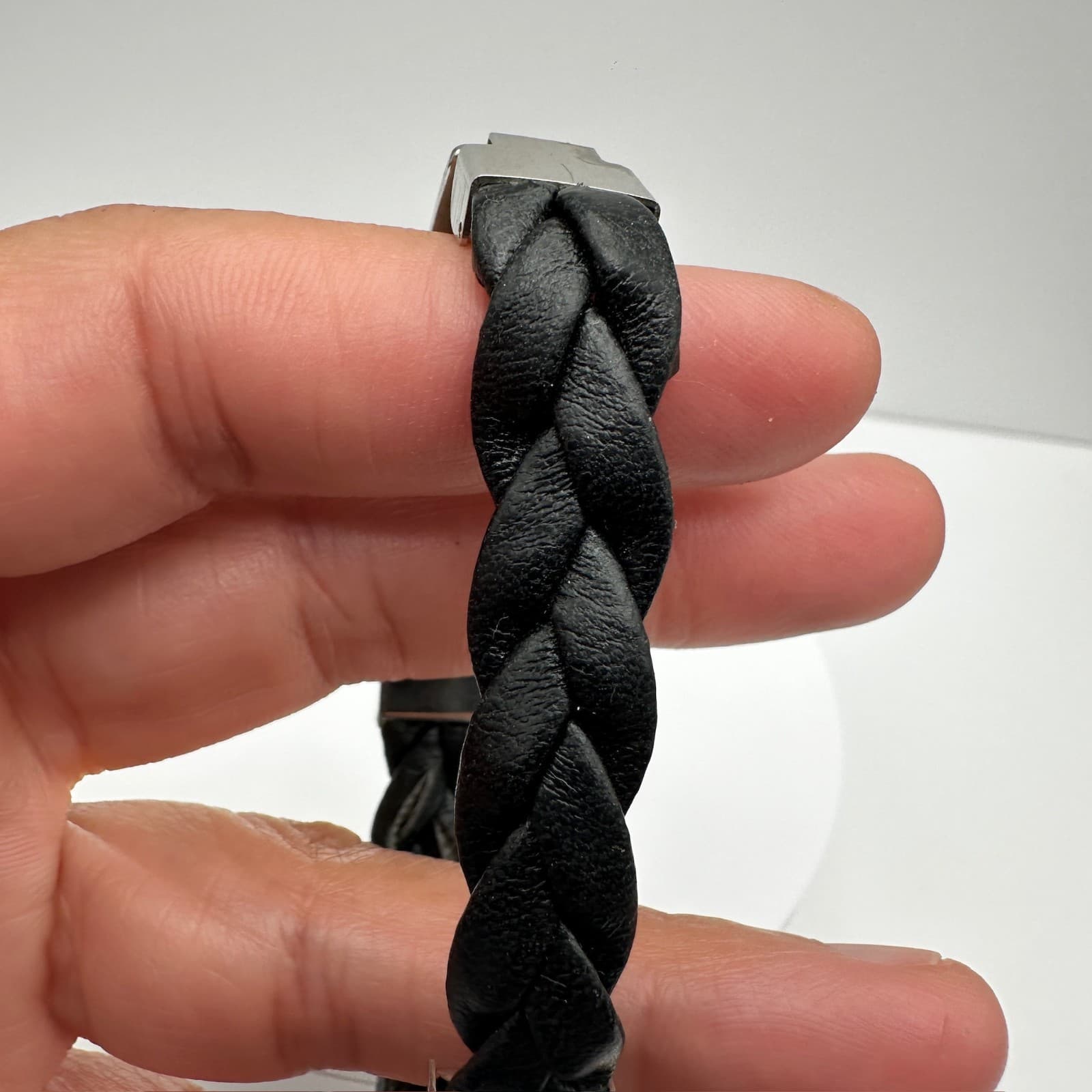 Vintage 90s Stainless Steel Black Braided Leather Bracelet Silver Tone Jewelry - Thumbnail 11