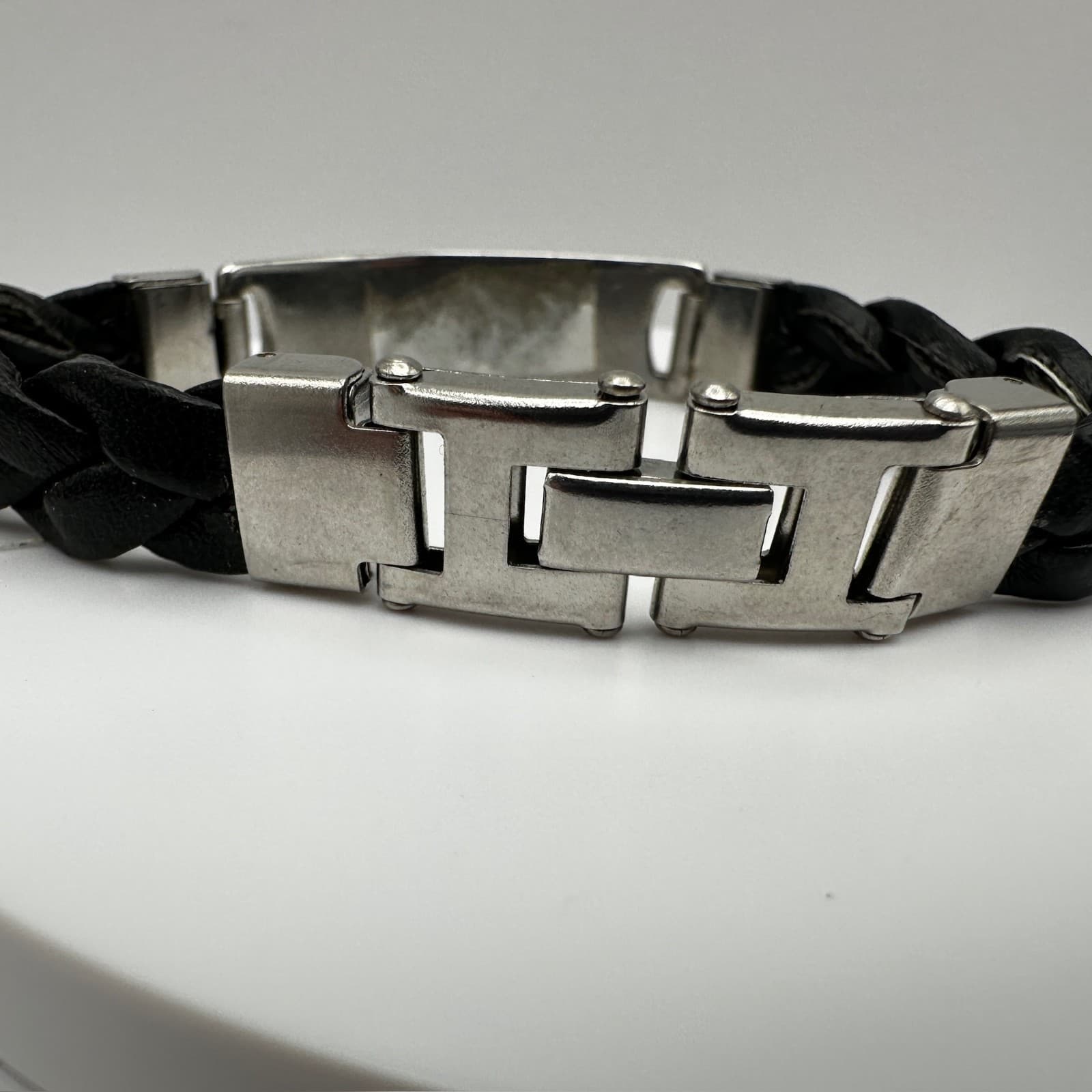 Vintage 90s Stainless Steel Black Braided Leather Bracelet Silver Tone Jewelry - Thumbnail 6