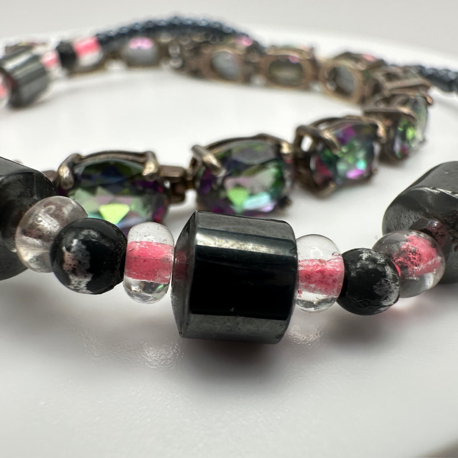 Vintage 90s Black & Pink Hematite Magnetic Necklace & Wrap Bracelet Set - Thumbnail 6