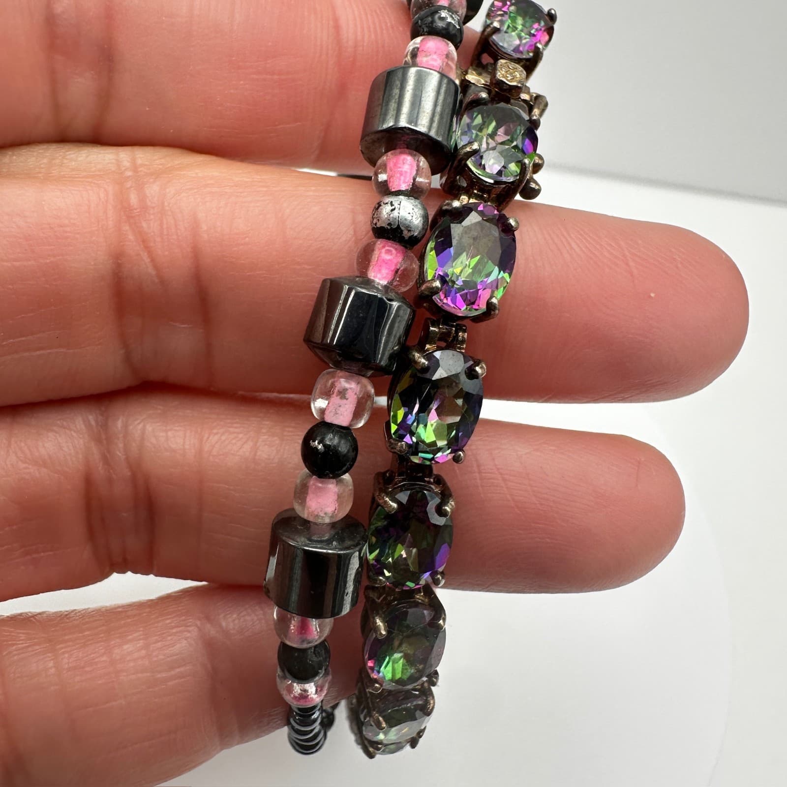 Vintage 90s Black & Pink Hematite Magnetic Necklace & Wrap Bracelet Set - Thumbnail 8